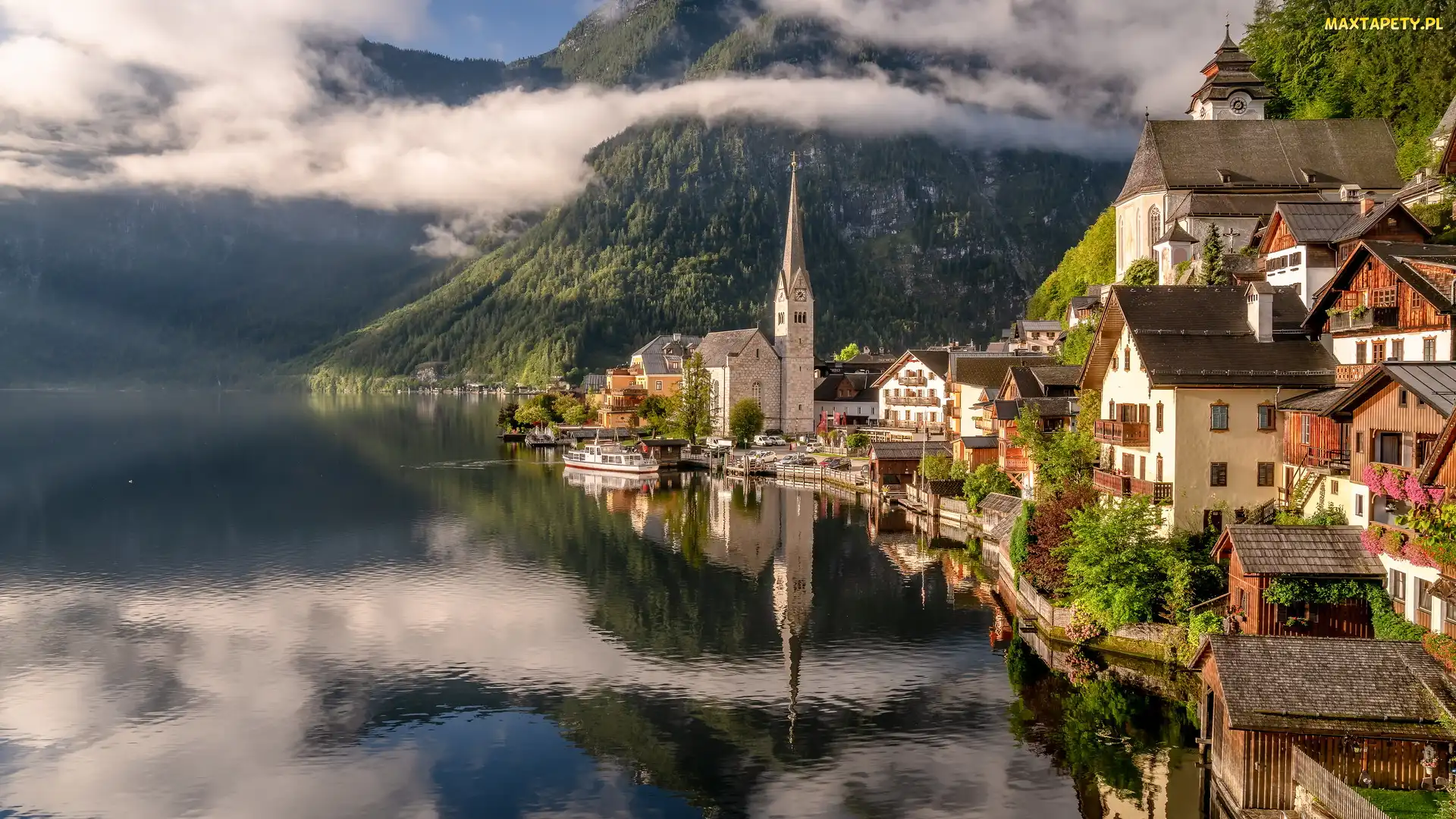 Domy, Jezioro Hallstattersee, Hallstatt, Austria, Góry, Alpy Salzburskie