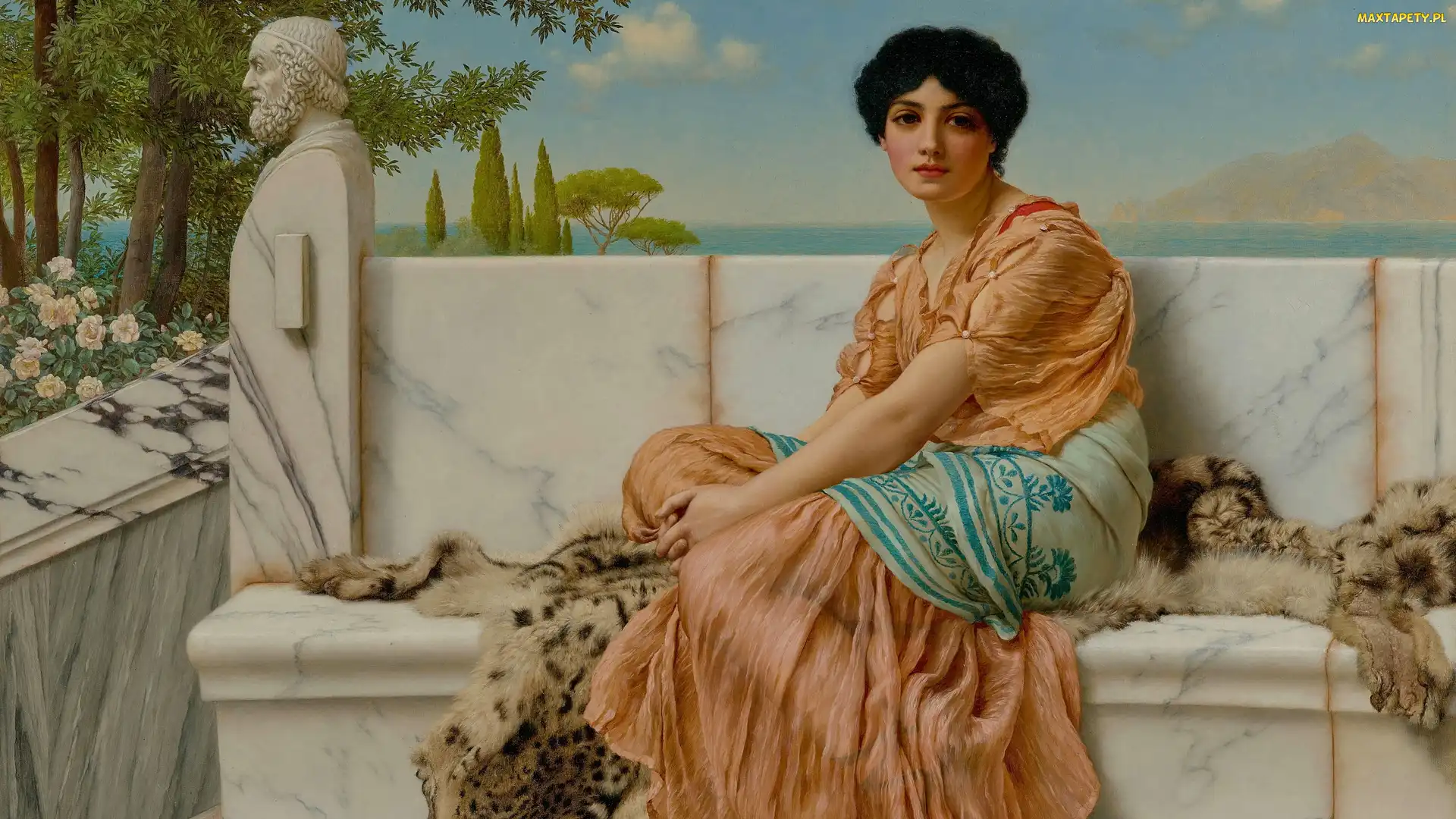 Malarstwo, Obraz, Taras, Kobieta, Ławka, John William Godward