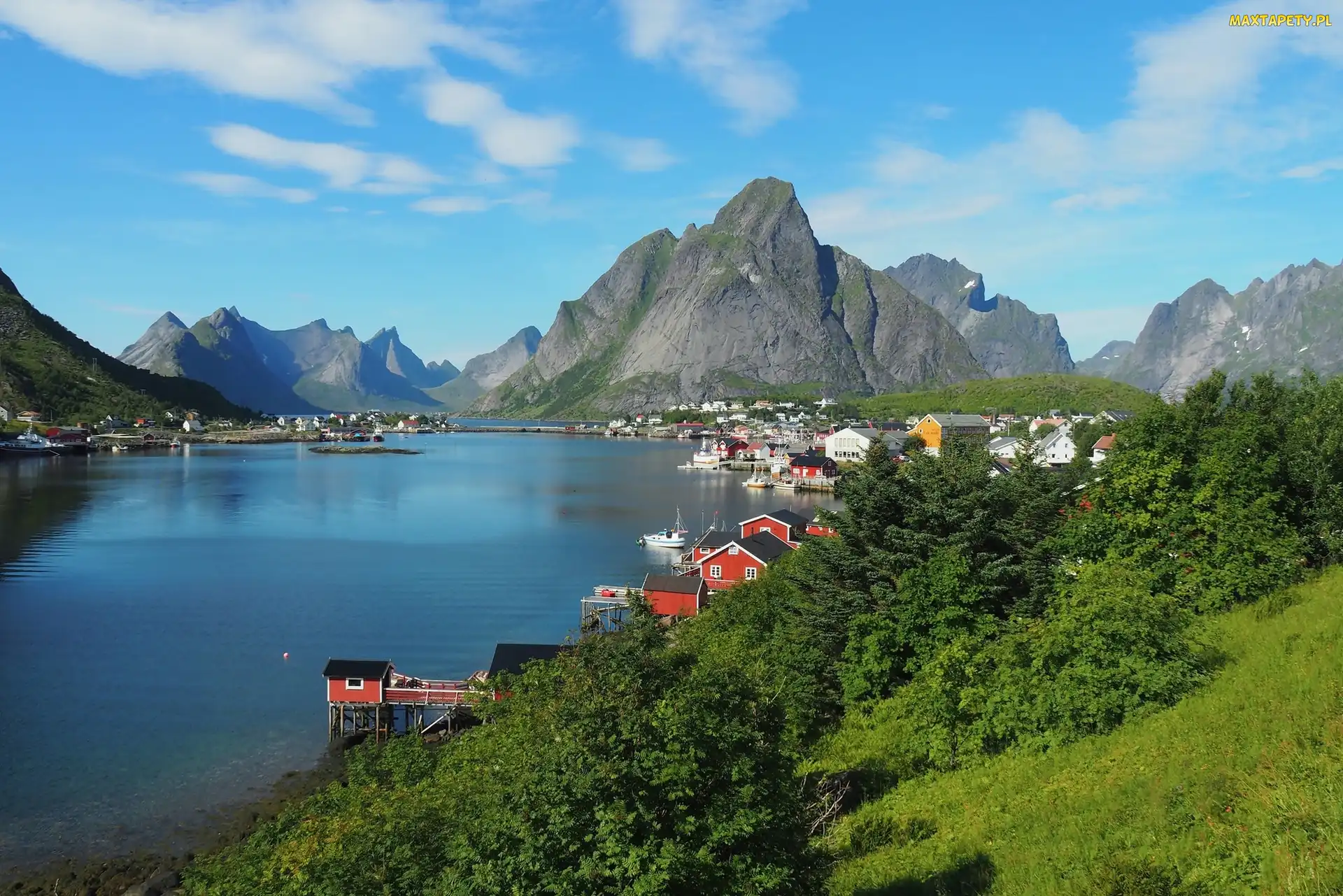 Lofoty, Morze Norweskie, Norwegia, Wioska Reine, Góry, Wyspa Moskenesoya, Drzewa, Domy