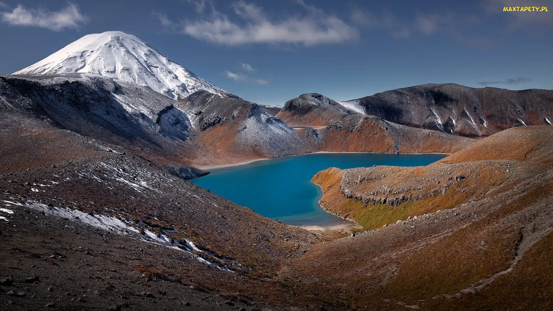 Park Narodowy Tongariro, Wyspa Północna, Wulkan Ngauruhoe, Nowa Zelandia, Region Manawatu-Wanganui, Ośnieżony, Jezioro, Tama Lake, Góry