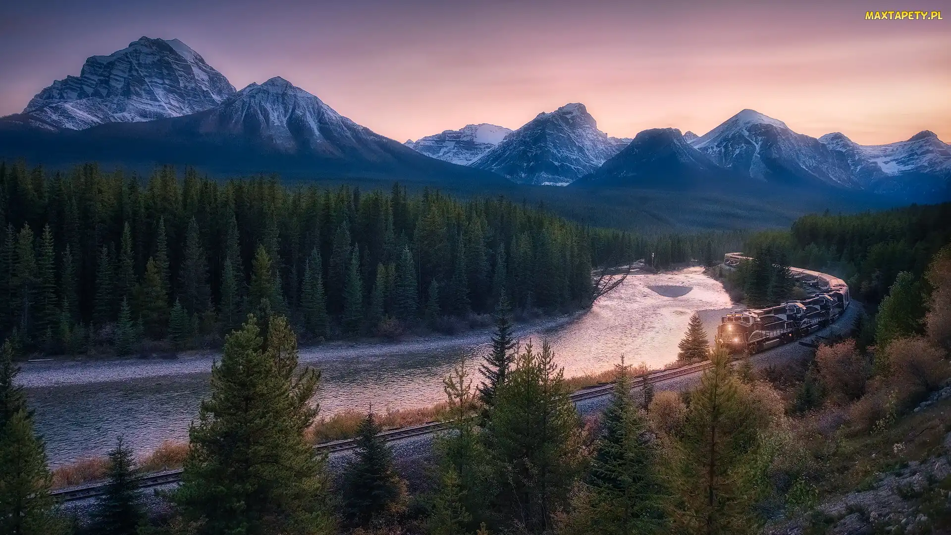 Bow River, Park Narodowy Banff, Góry Skaliste, Drzewa, Pociąg, Kanada, Ośnieżone, Alberta, Rzeka, Szczyty, Las