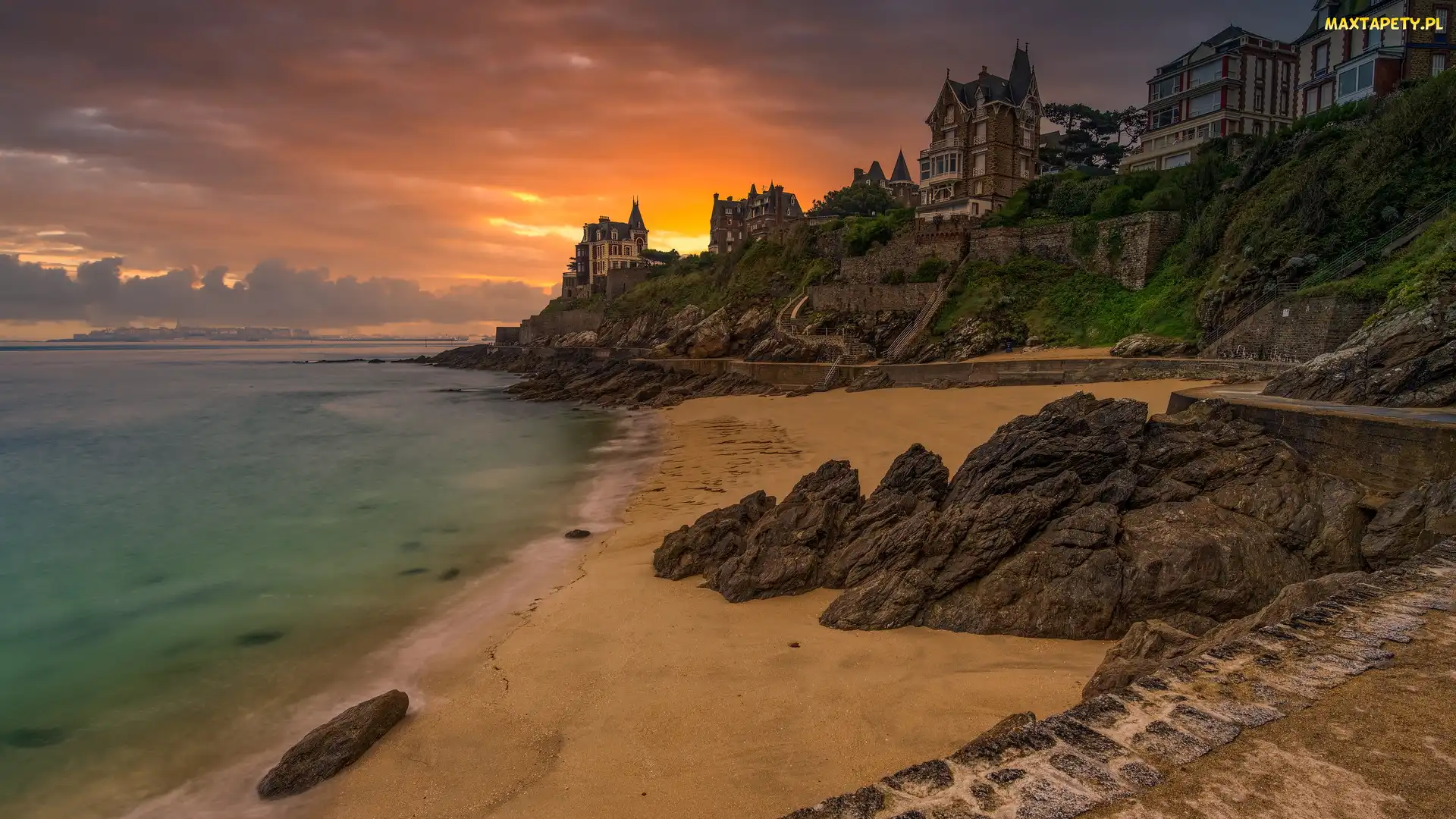 Bretania, Dinard, Skały, Francja, Plaża, Domy, Wybrzeże