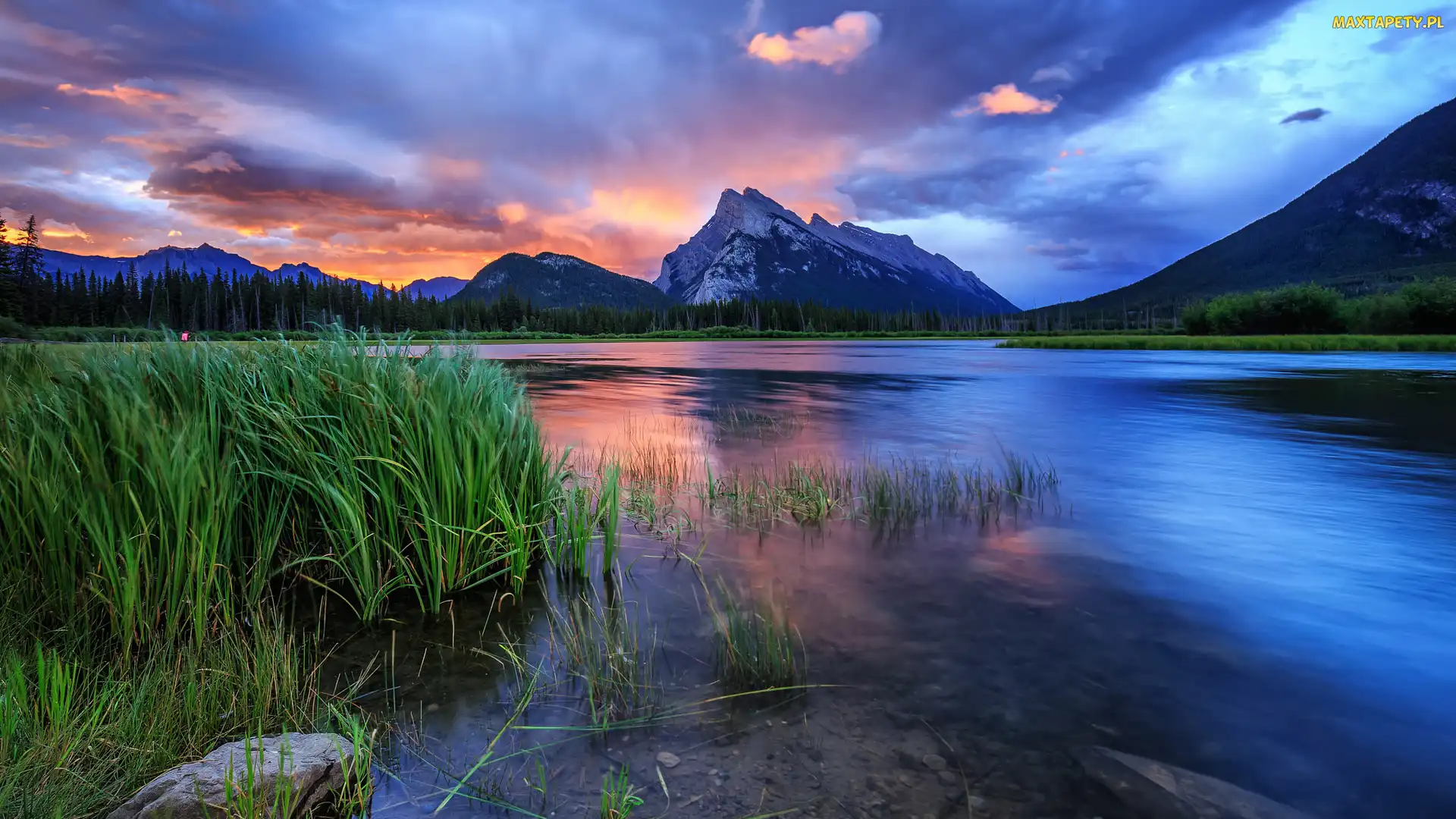 Góry, Wschód słońca, Kanada, Park Narodowy Banff, Canadian Rockies, Mount Rundle, Vermilion Lakes, Góra, Trawy, Niebo, Jezioro, Chmury
