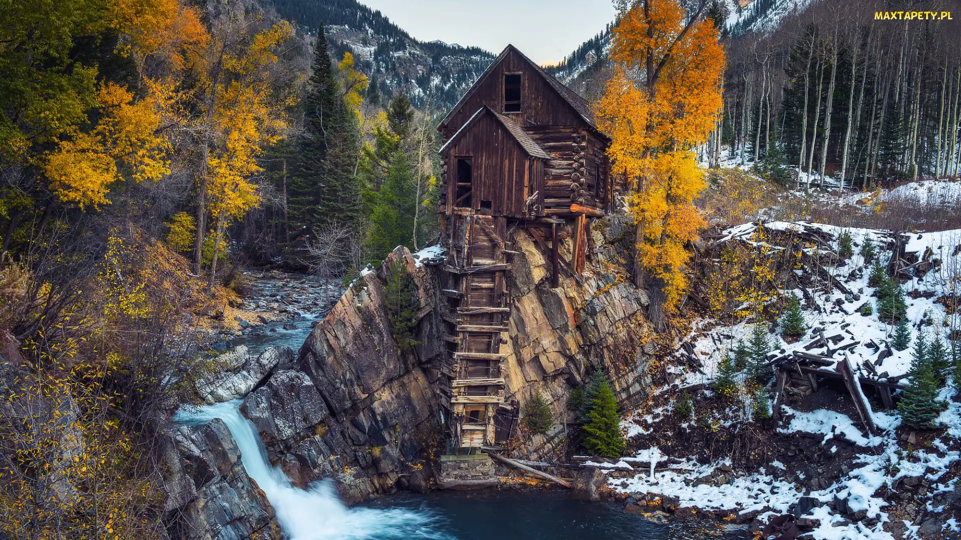 Crystal Mill, Skały, Młyn, Śnieg, Kolorado, Rzeka Crystal River, Stany Zjednoczone, Drzewa