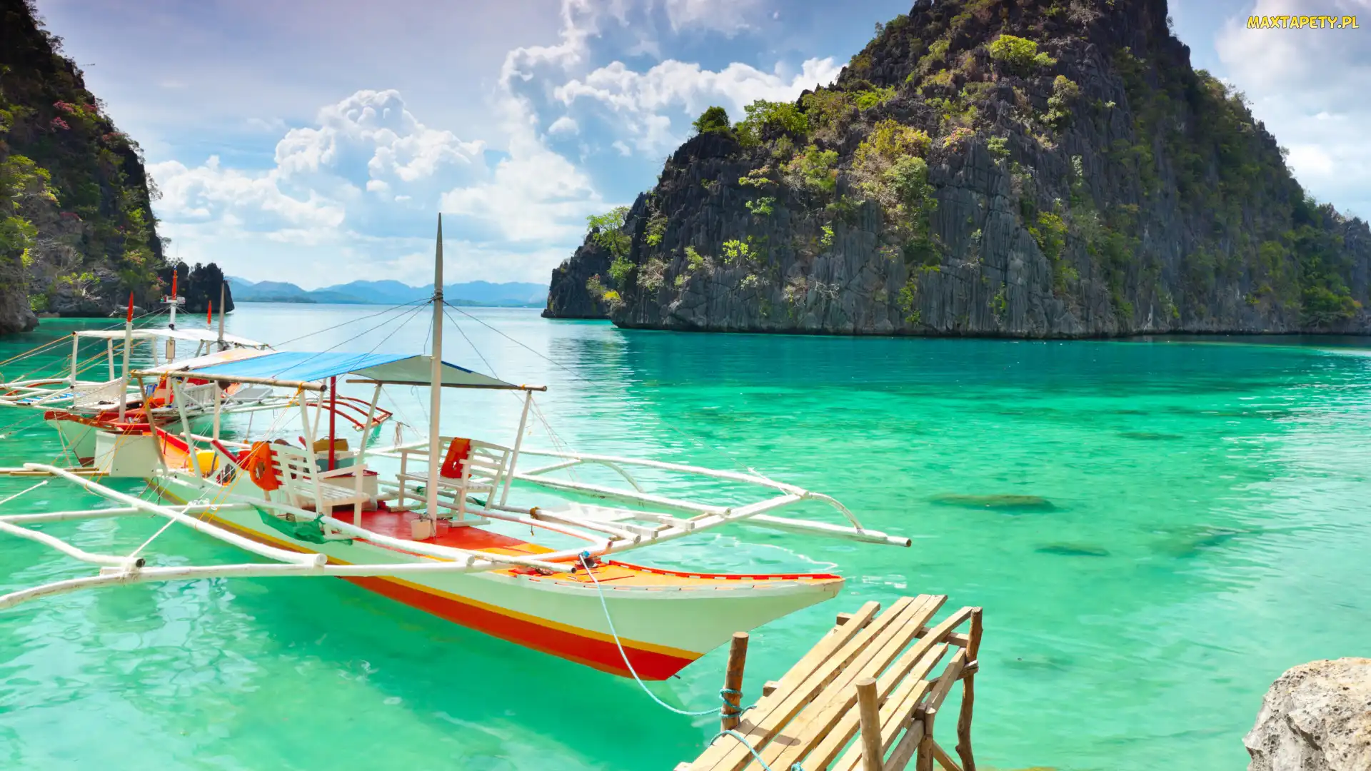 Skały, Morze, Filipiny, Laguna, Wyspa Coron, Palawan, Łódka