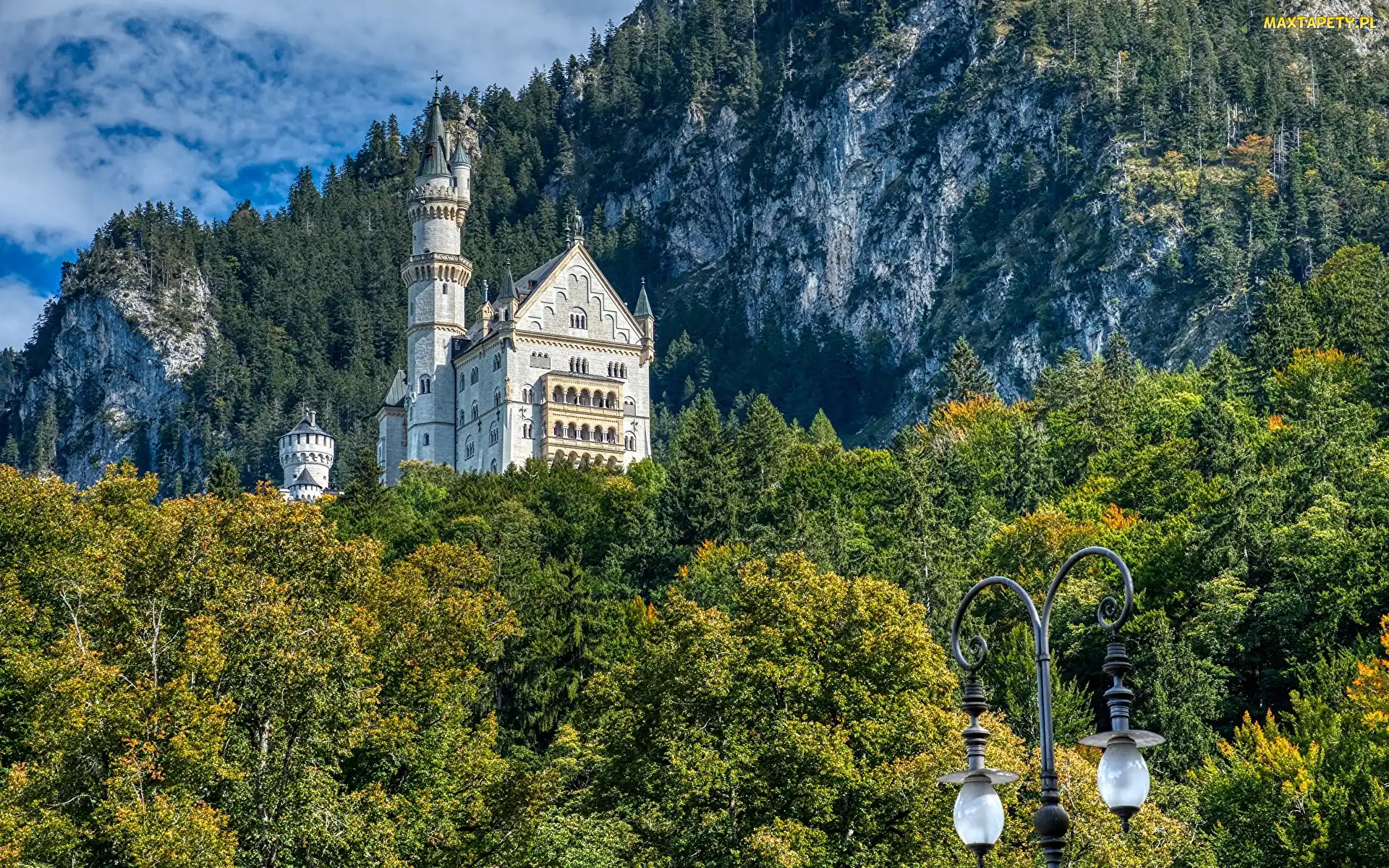 Zamek Neuschwanstein, Drzewa, Niemcy, Skały, Bawaria