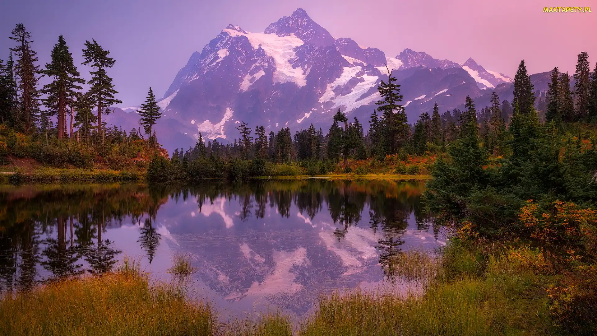 Park Narodowy Północnych Gór Kaskadowych, Stan Waszyngton, Odbicie, Stany Zjednoczone, Góra, Góry, Mount Shuksan Drzewa, Jezioro, Jesień, Picture Lake
