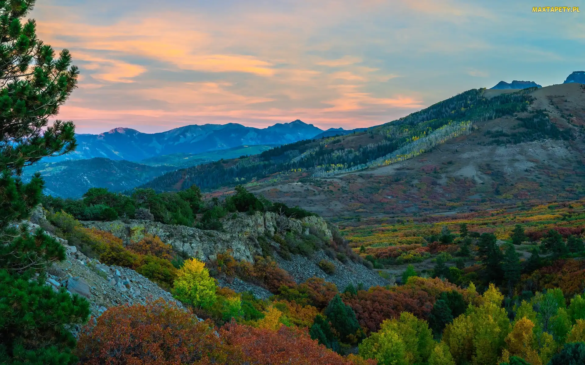 Góry, Kolorado, Stany Zjednoczone, Jesień, San Juan Mountains, Skały, Lasy, Dolina, Kolorowe, Krzewy, Drzewa, Telluride