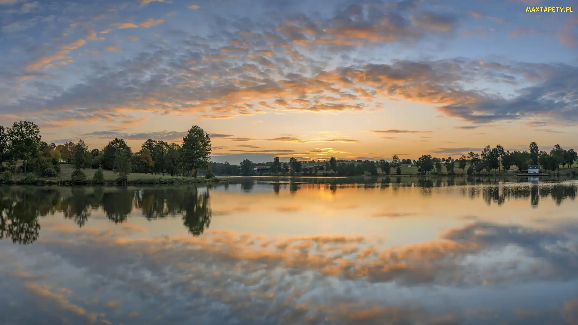Drzewa, Kell, Niemcy, Przyrody, Saar Hunsruck, Park, Zbiornik, Kell am See, Wschód słońca, Chmury, Jezioro
