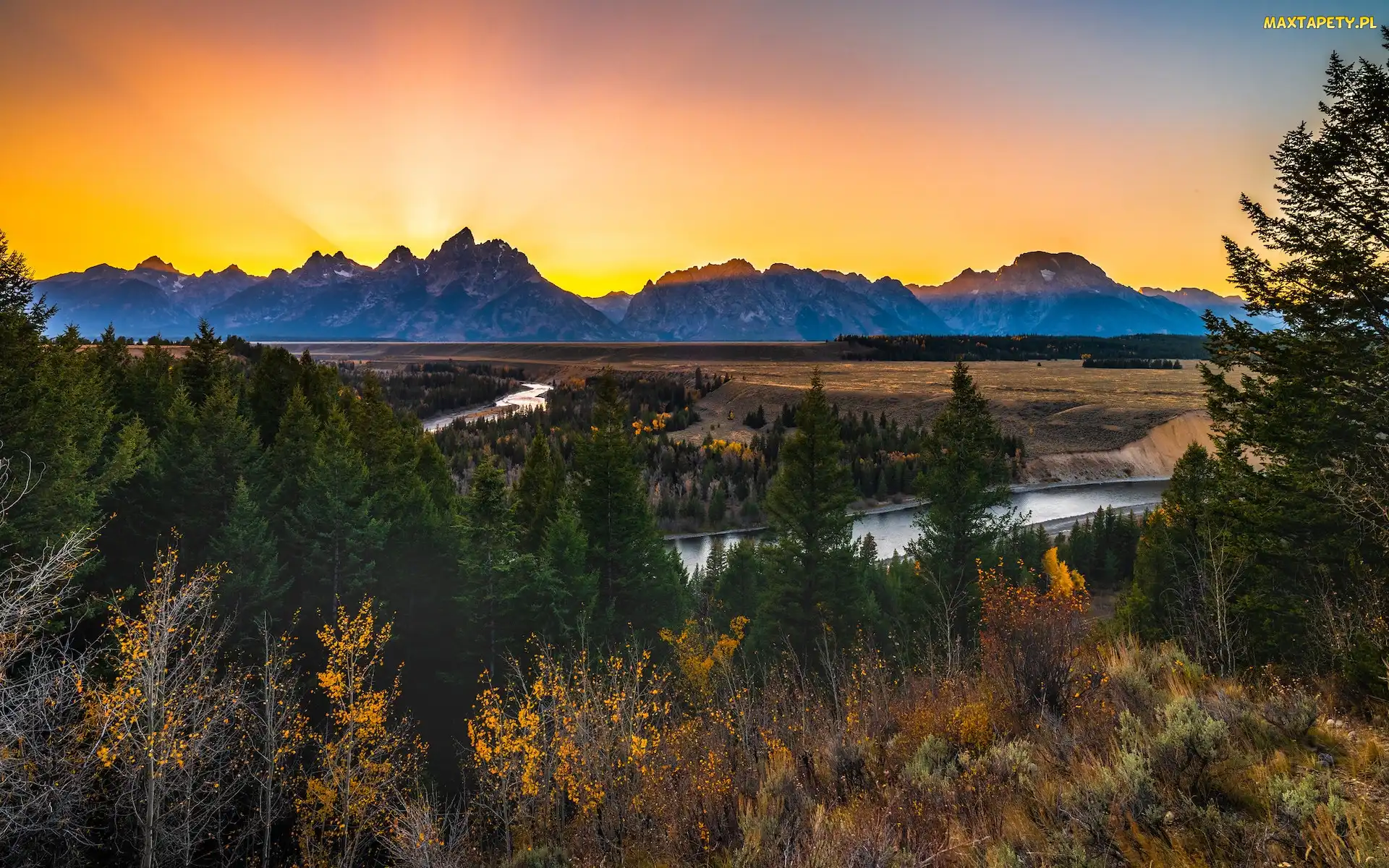 Stany Zjednoczone, Promienie słońca, Snake River, Stan Wyoming, Teton Range, Góry, Las, Drzewa, Park Narodowy Grand Teton, Rzeka