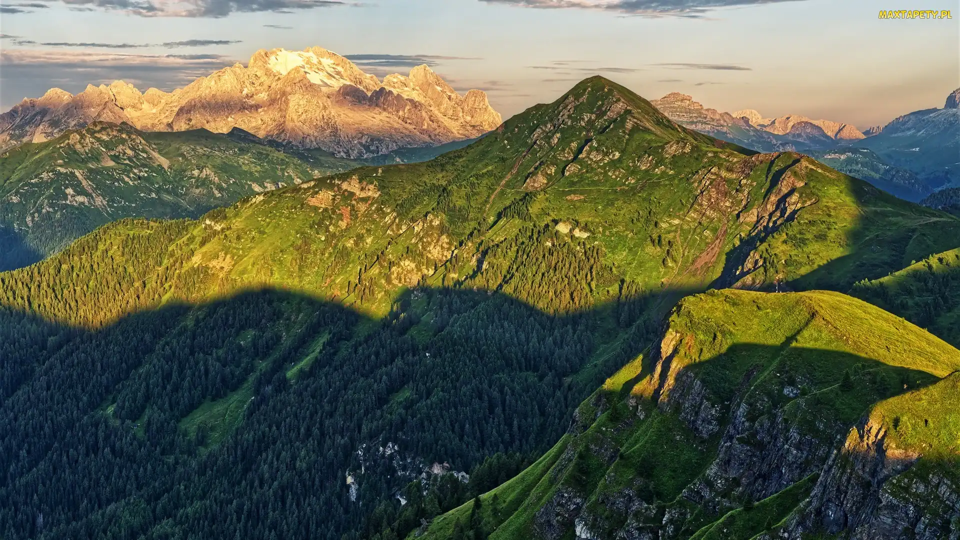 Skaliste, Dolomity, Zalesione, Szczyty, Góra Monte Pore, Góry, Włochy, Góra Marmolada