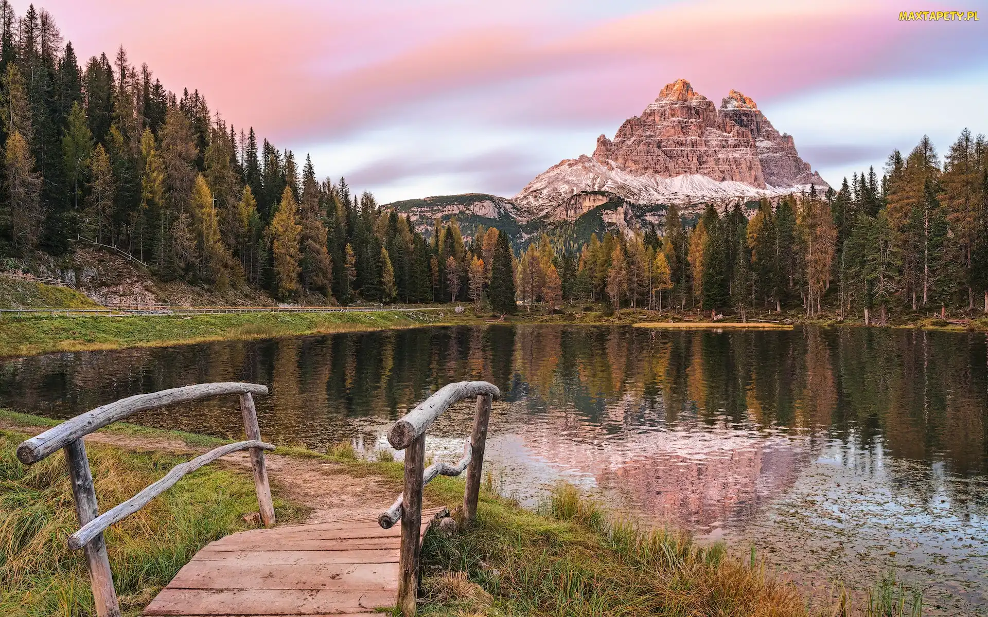 Mostek, Dolomity, Antorno Lake, Jezioro, Włochy, Drzewa, Masyw Tre Cime di Lavaredo, Prowincja Belluno, Góry