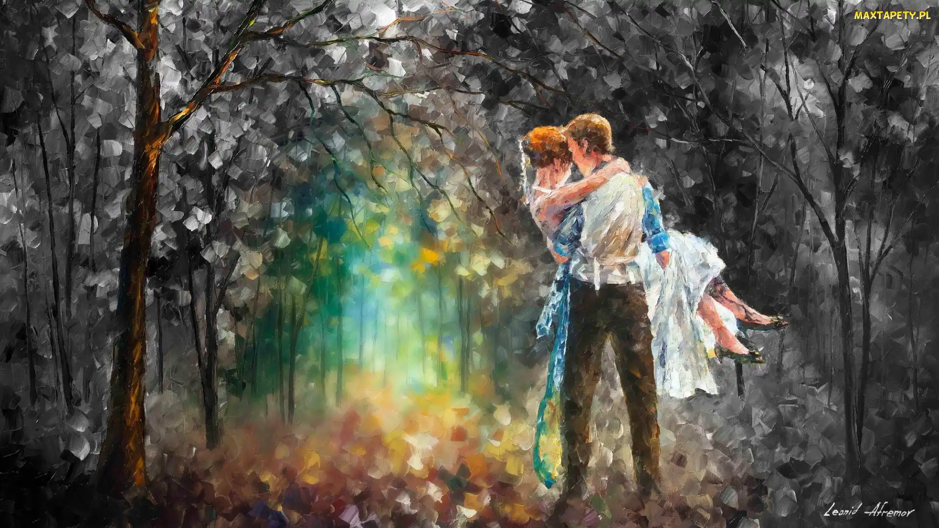 Mężczyzna, Las, Obraz, Kobieta, Drzewa, Malarstwo, Leonid Afremov