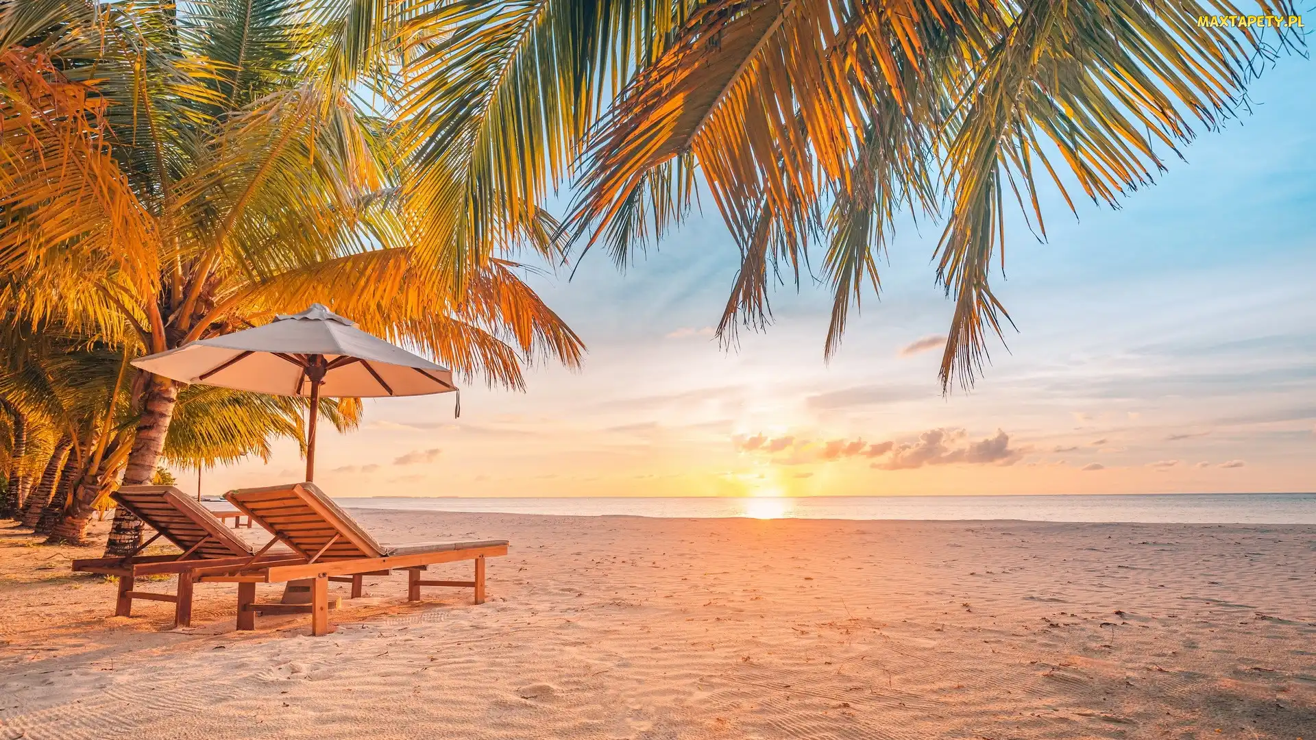 Plaża, Palmy, Morze, Parasol, Wyspa Dhigurah, Leżaki, Malediwy, Wschód słońca