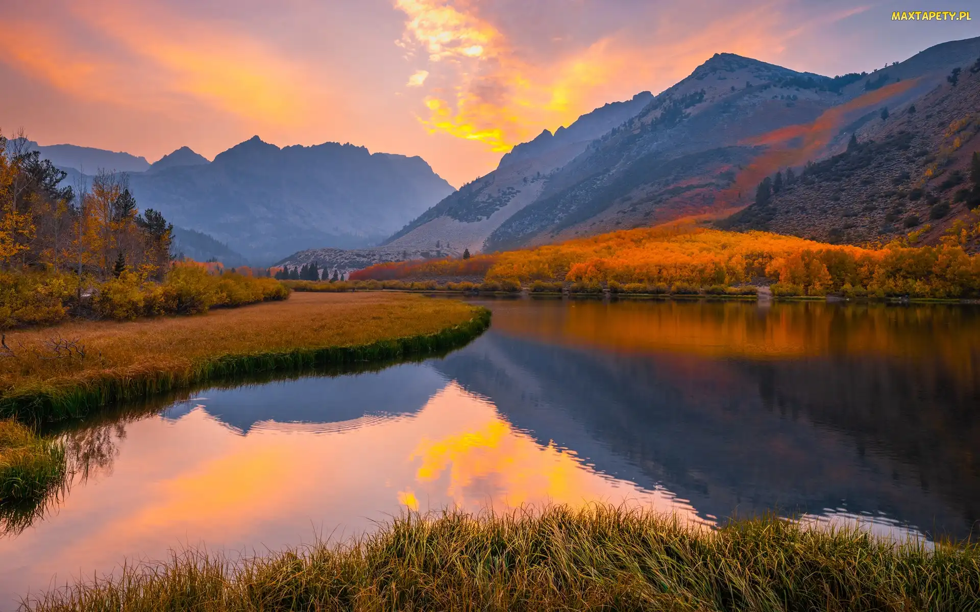 Jesień, Kalifornia, Drzewa, Region, Stany Zjednoczone, Góry, Jezioro, Zachód słońca, North Lake, Eastern Sierra