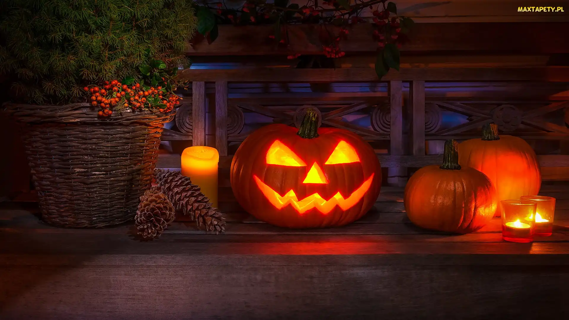 Iglak, Koszyk, Dynie, Halloween, Szyszki, Kompozycja, Świece