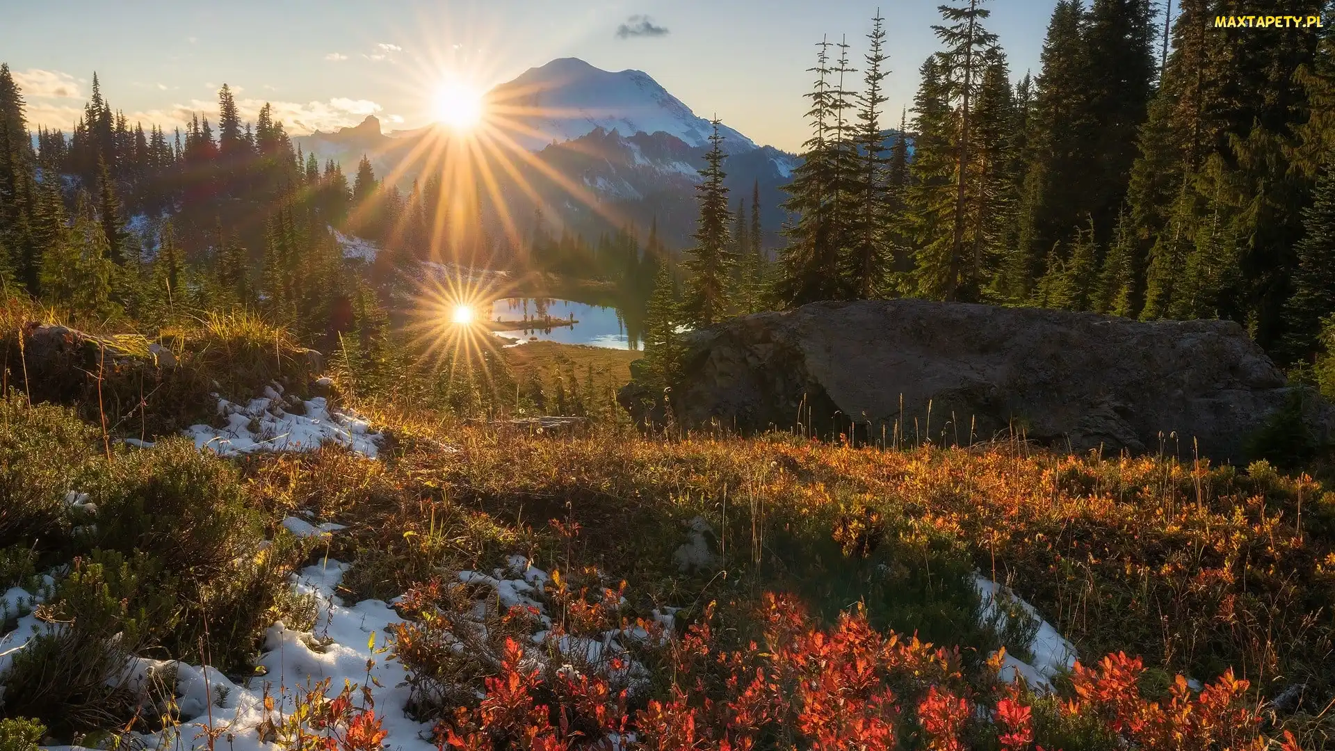 Park Narodowy Mount Rainier, Stratowulkan Mount Rainier, Zjednoczone, Stany, Śnieg, Roślinność, Jesień, Promienie słońca, Góra