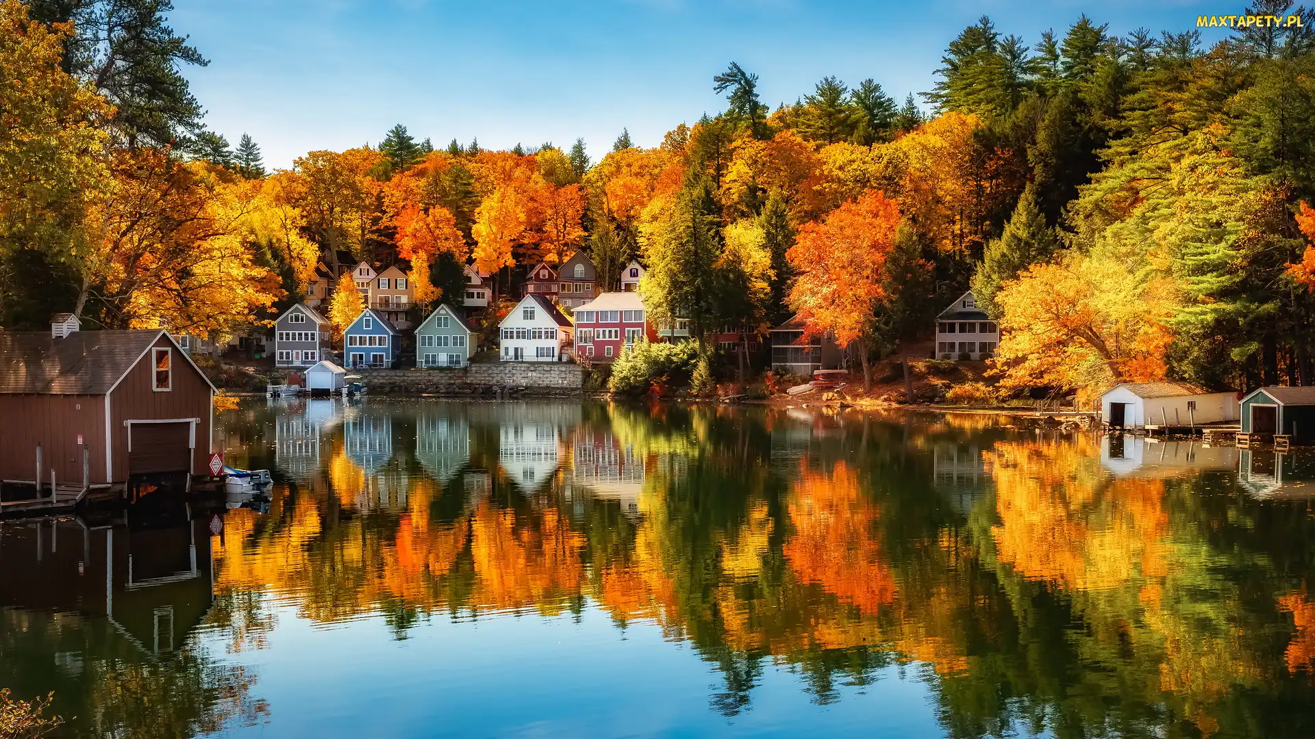 Las, Jezioro Winnipesaukee, Jesień, Domy, Stan New Hampshire, Drzewa, Stany Zjednoczone, Alton