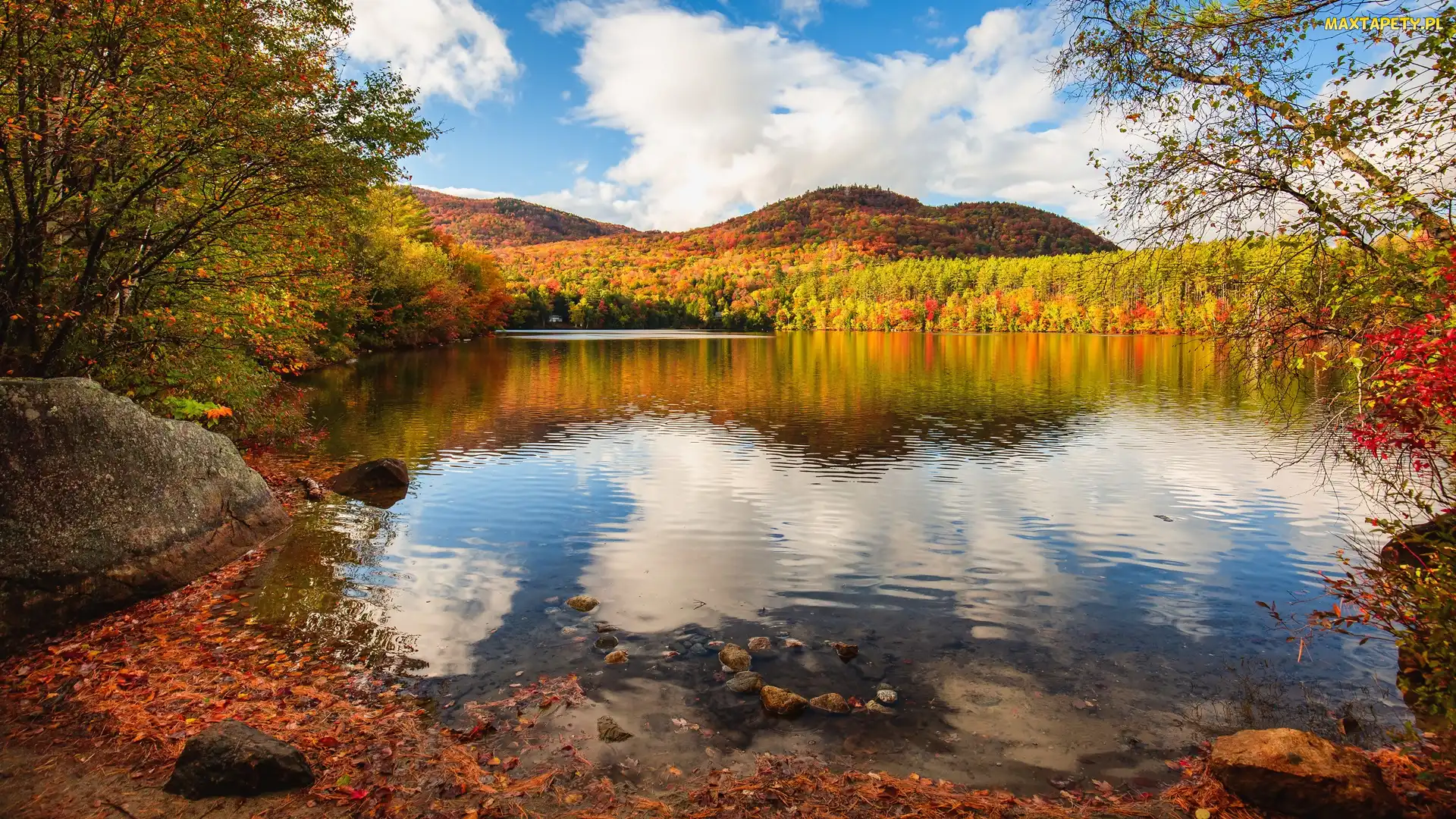 Jezioro, Stan New Hampshire, Chmury, Stany Zjednoczone, Tuftonboro, Góry, Mirror Lake, Drzewa, Jesień