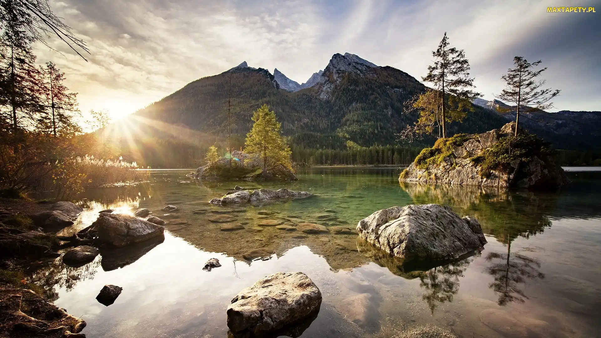 Skały, Alpy, Góry, Niemcy, Wschód słońca, Drzewa, Bawaria, Jezioro Hintersee