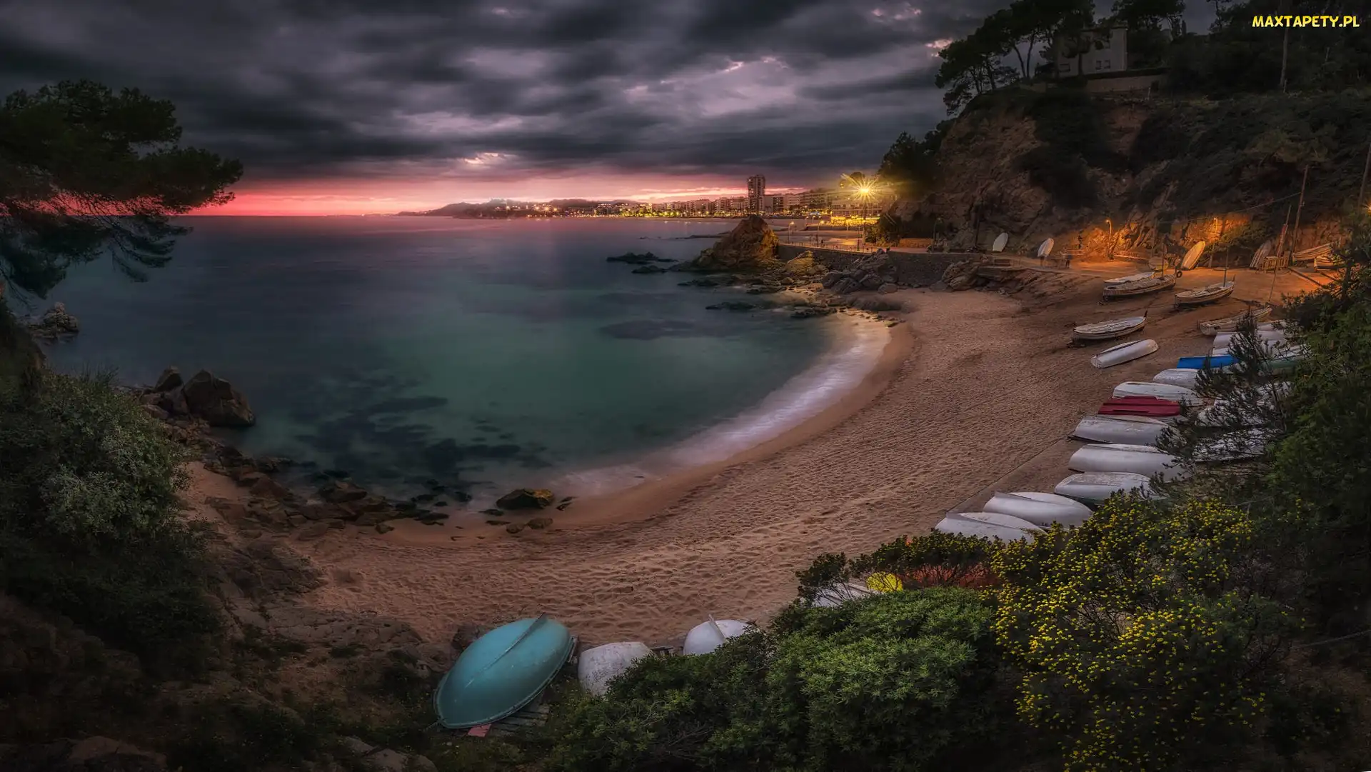 Plaża, Morze, Hiszpania, Domy, Lloret de Mar, Katalonia, Łódki
