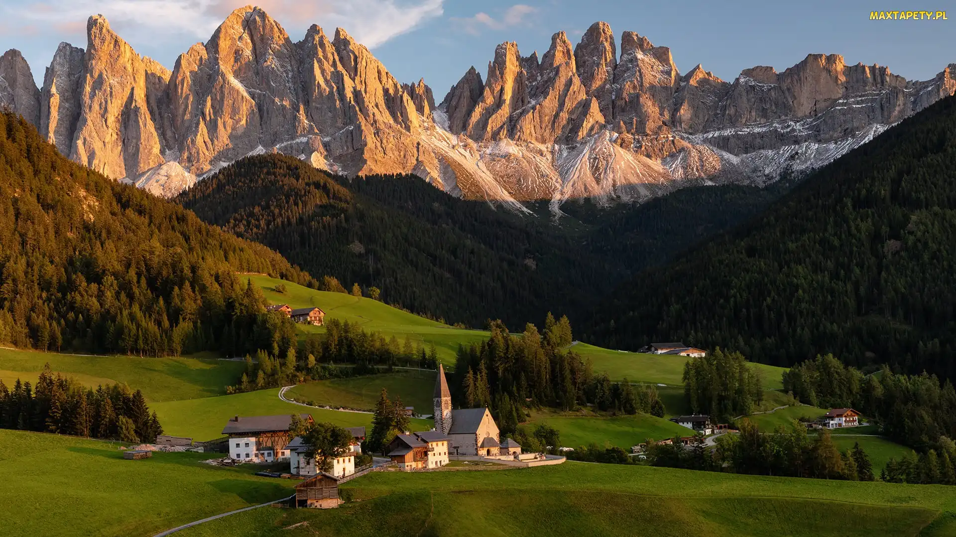 Dolomity, Lasy, Włochy, Santa Maddalena, Drzewa, Kościół, Dolina, Domy, Góry, Val di Funes, Wieś