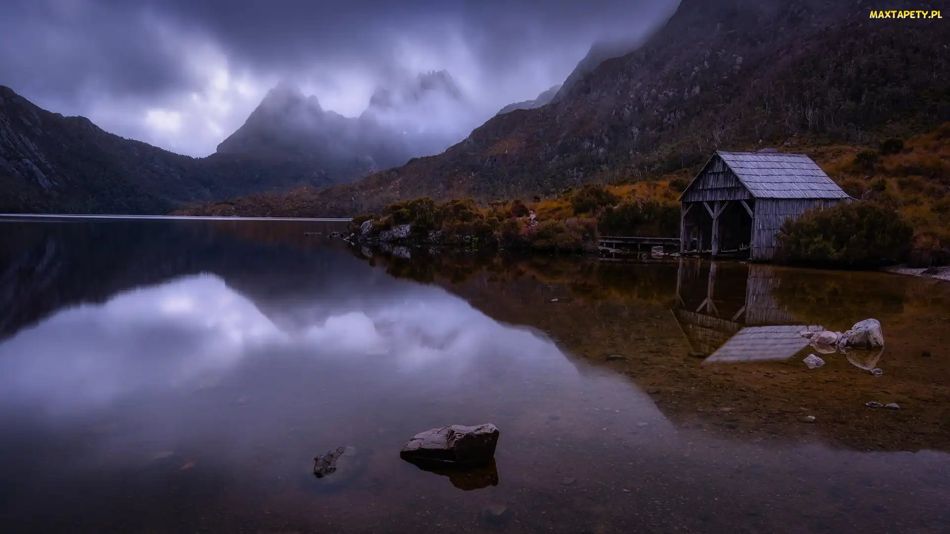 Australia, Mgła, Szopa, Tasmania, Park Narodowy Cradle Mountain, Cradle Mountain, Jezioro, Dove Lake, Góry, Drzewa