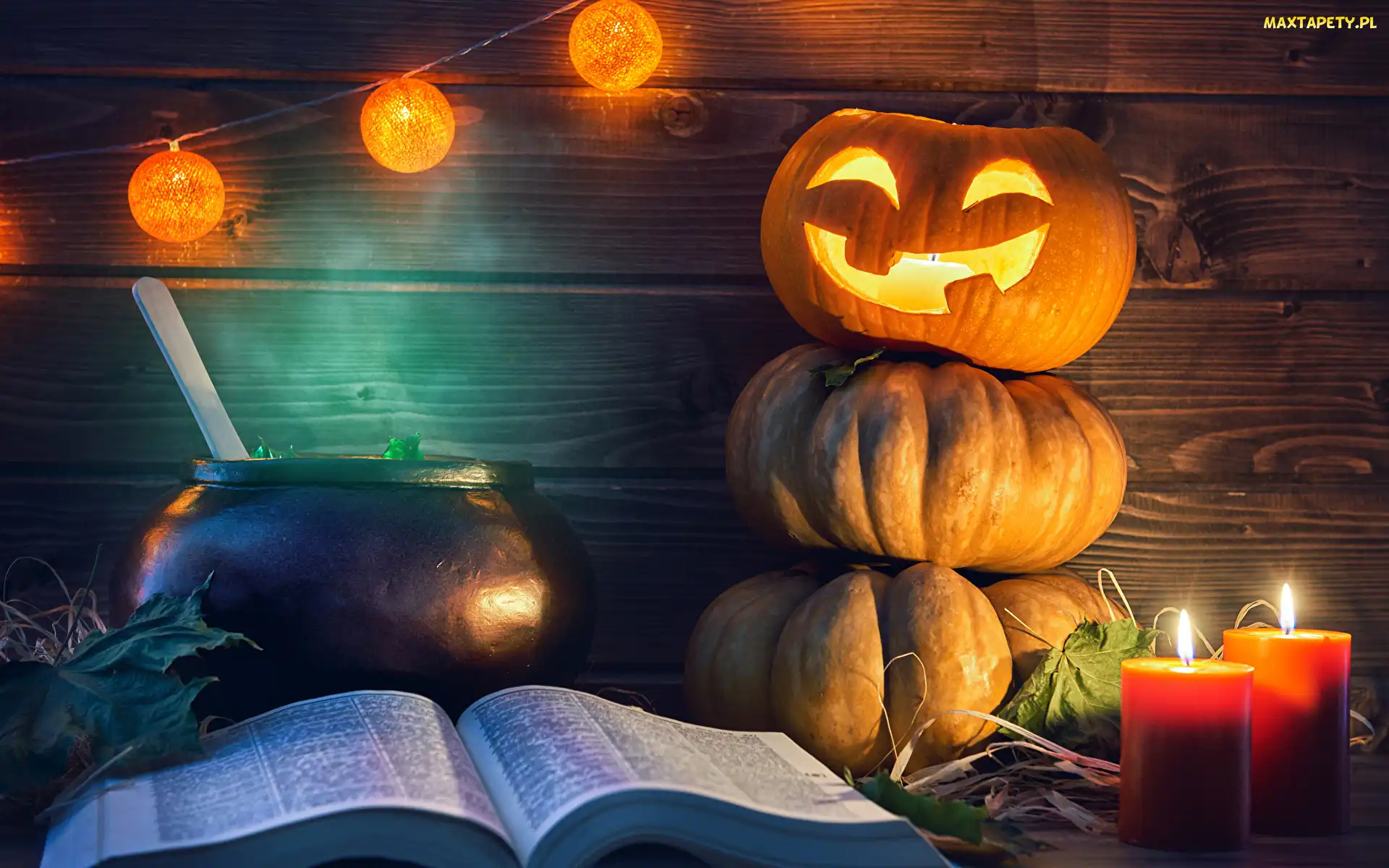Halloween, Świece, Lampion, Książka, Dynie