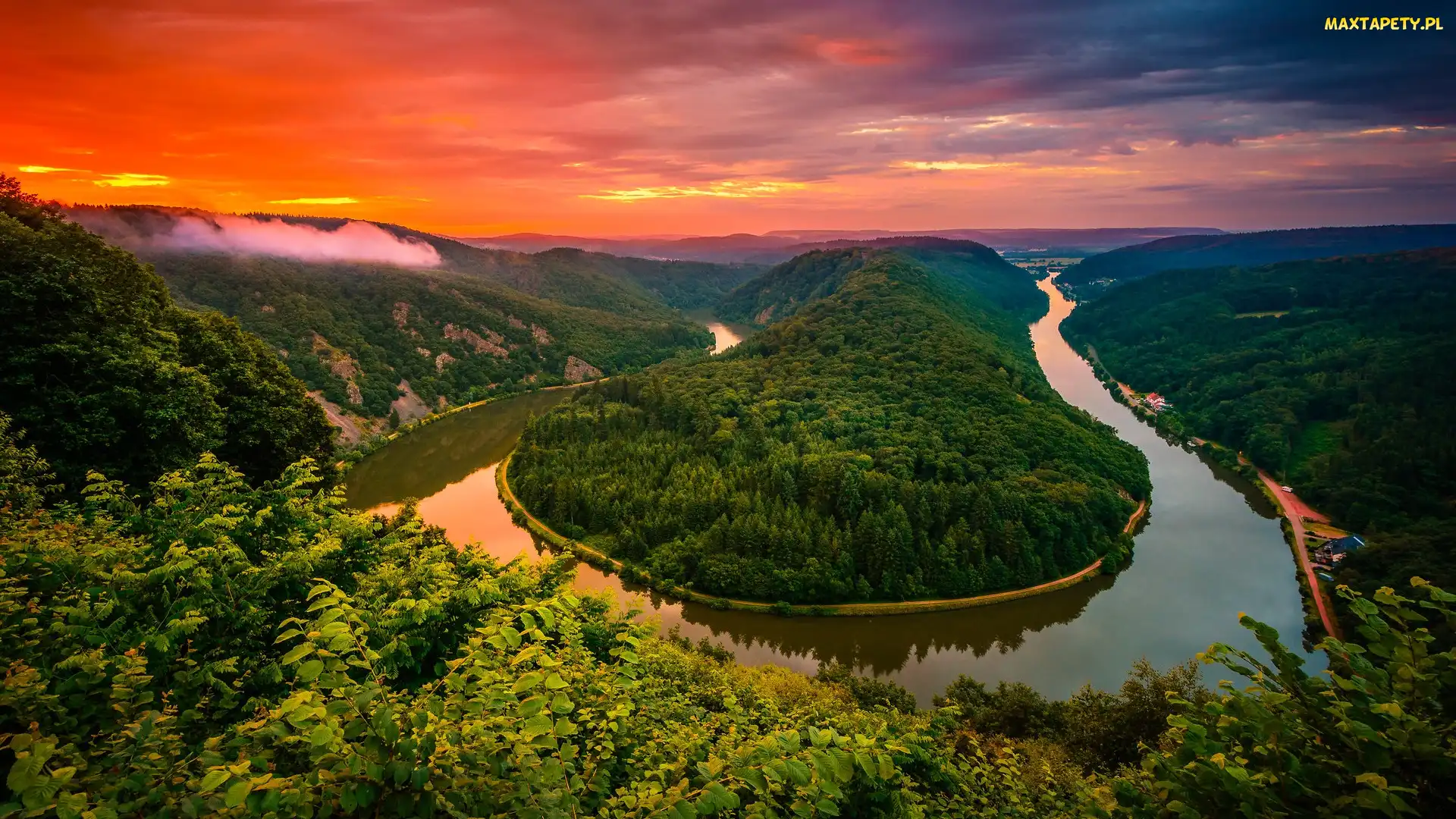 Mettlach, Zachód słońca, Saara River, Niemcy, Lasy, Rzeka, Zielone