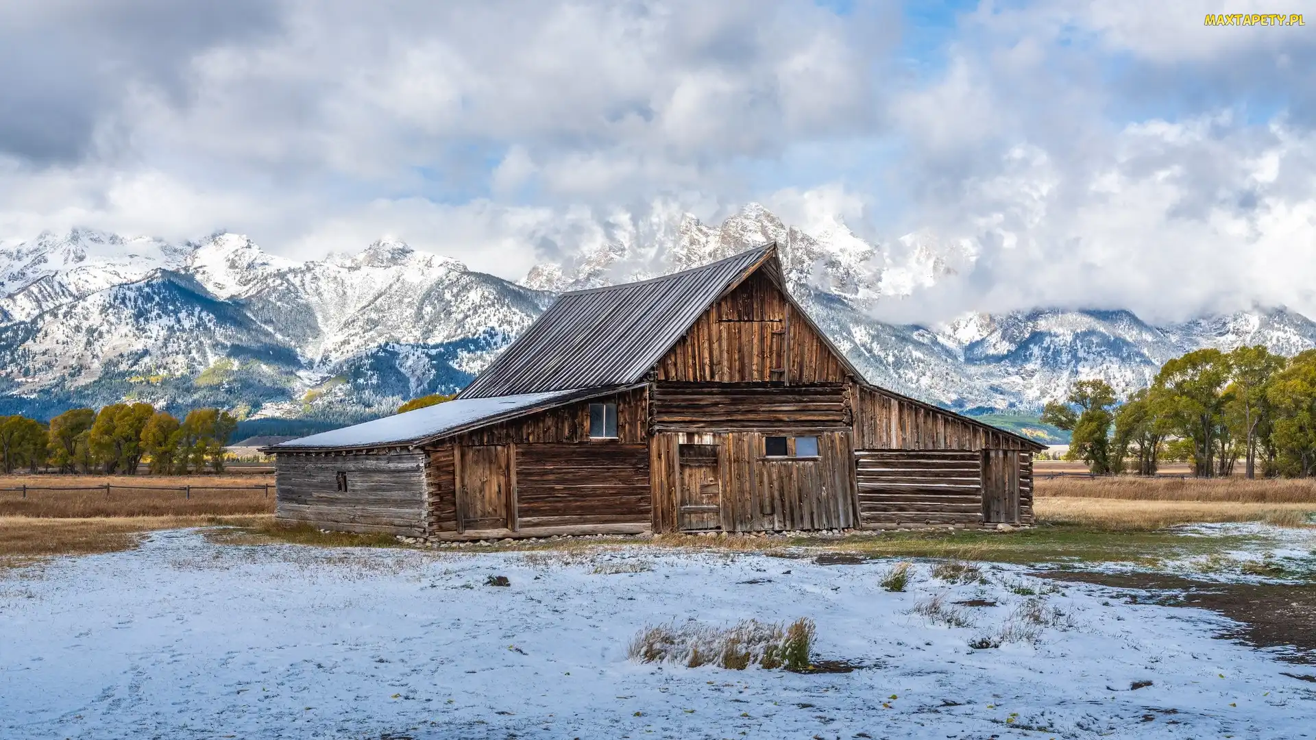 Chata, Teton Range, Drewniana, Stodoła, Stany Zjednoczone, Park Narodowy Grand Teton, Drzewa, Wyoming, Góry