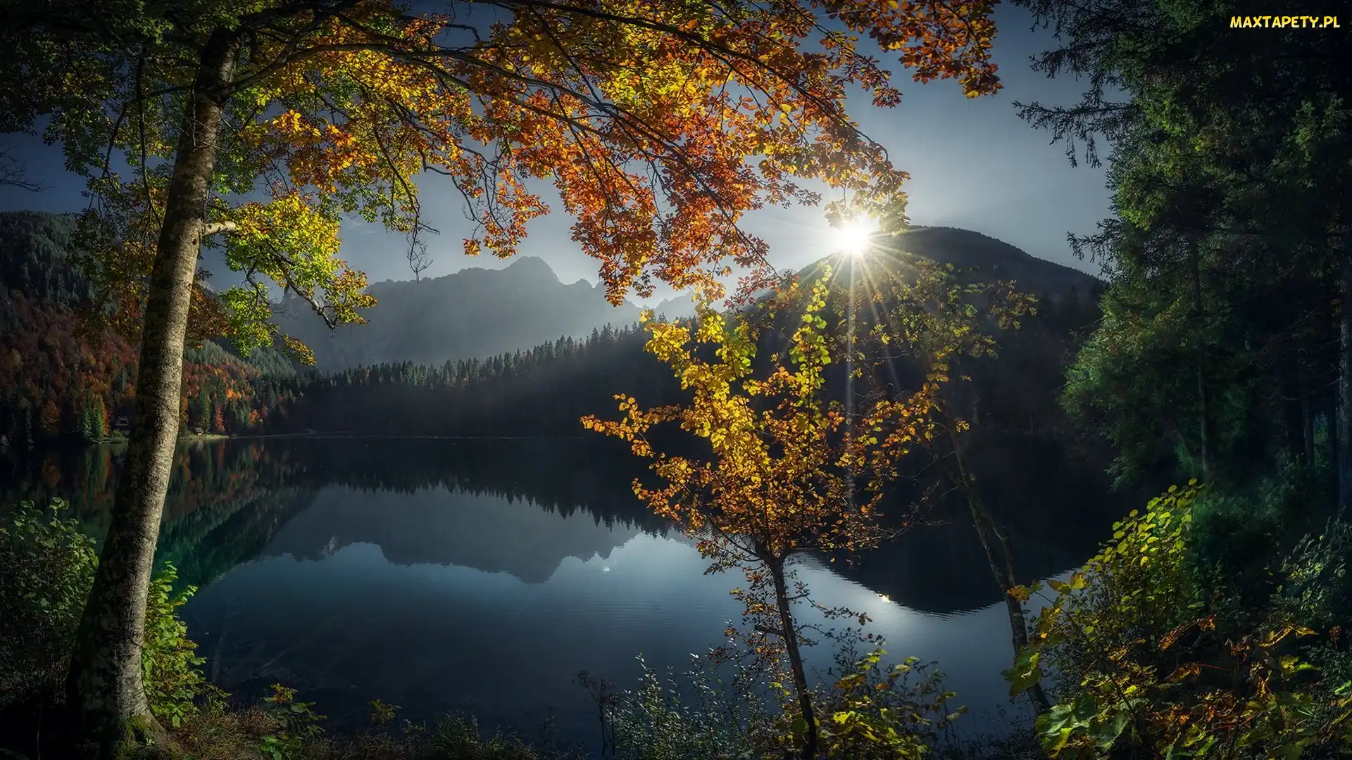 Góry, Prowincja Udine, Jesień, Włochy, Promienie słońca, Drzewa, Alpy Julijskie, Jezioro, Laghi di Fusine