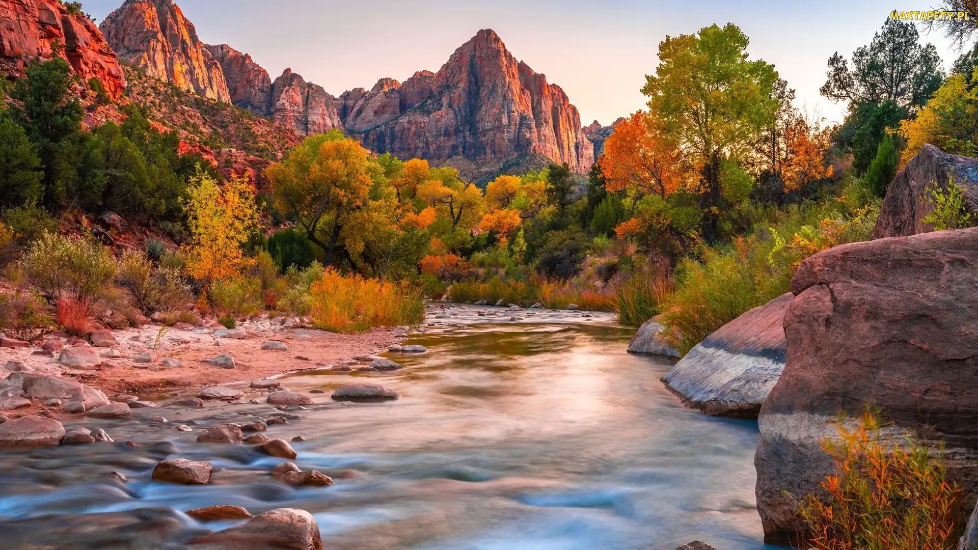 Park Narodowy Zion, Stan Utah, Drzewa, Stany Zjednoczone, Jesień, Kamienie, Góry Watchman, Rzeka, Virgin River