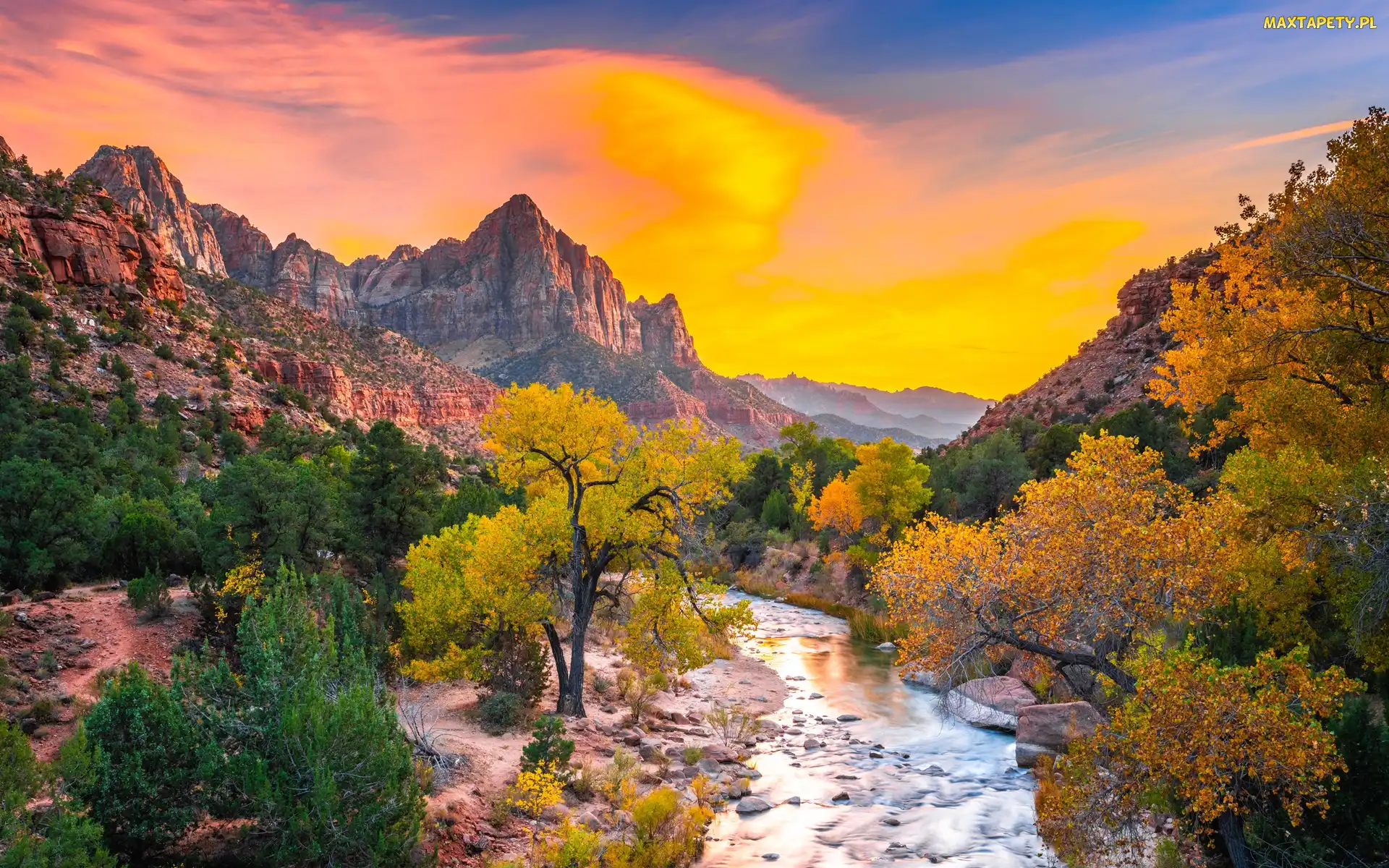 Park Narodowy Zion, Stan Utah, Jesień, Stany Zjednoczone, Zachód słońca, Drzewa, Góry Watchman, Rzeka Virgin River, Kamienie