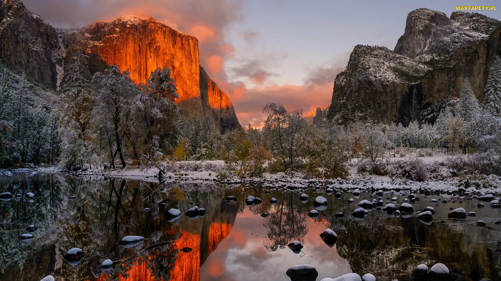 Rzeka, Merced River, Park Narodowy Yosemite, Dolina Yosemite Valley, Śnieg, Stany Zjednoczone, Góry, Stan Kalifornia, Drzewa, Rozświetlony, Szczyt El Capitan