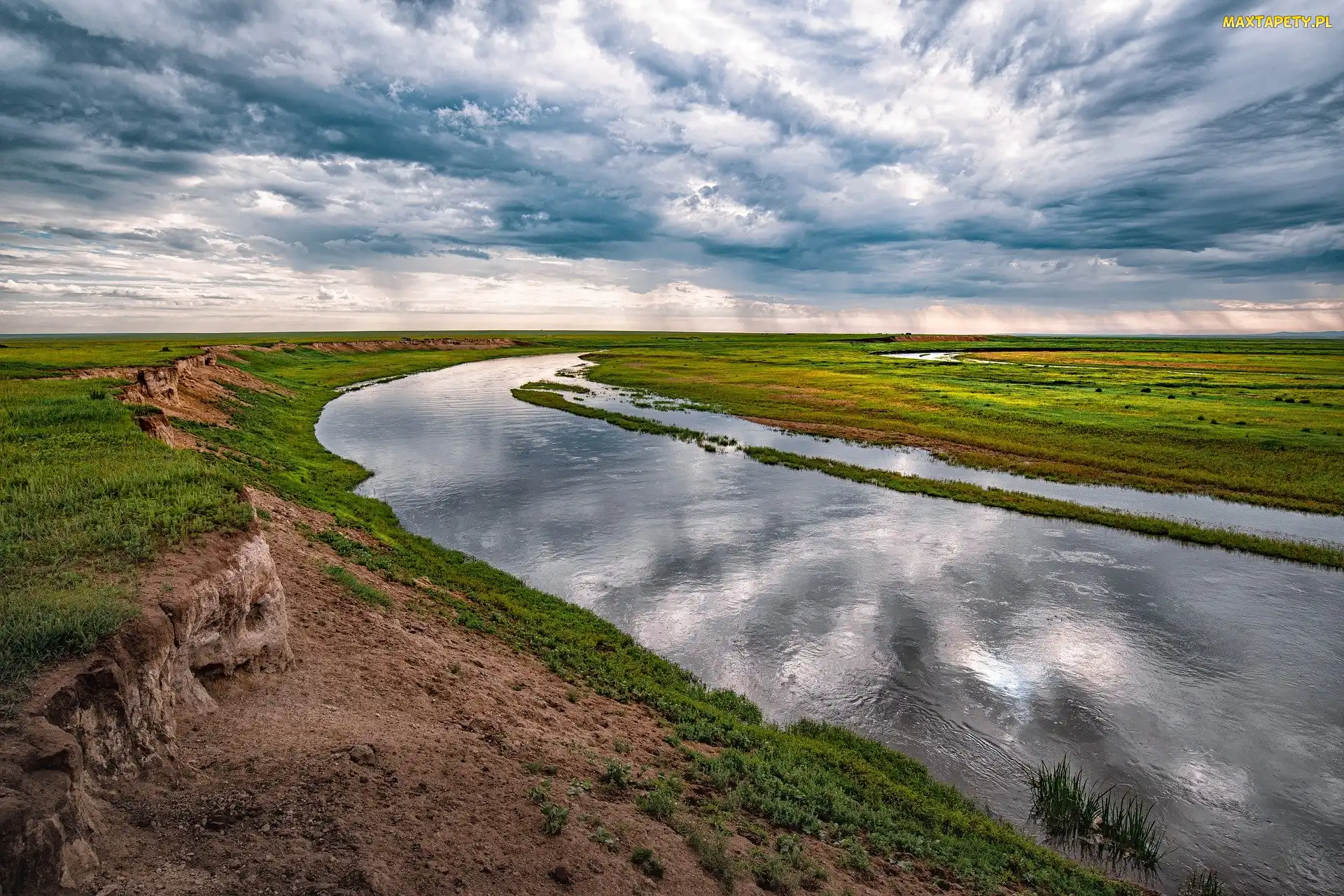 Łąki, Mongolia, Chmury, Niebo, Rzeka Kerulen