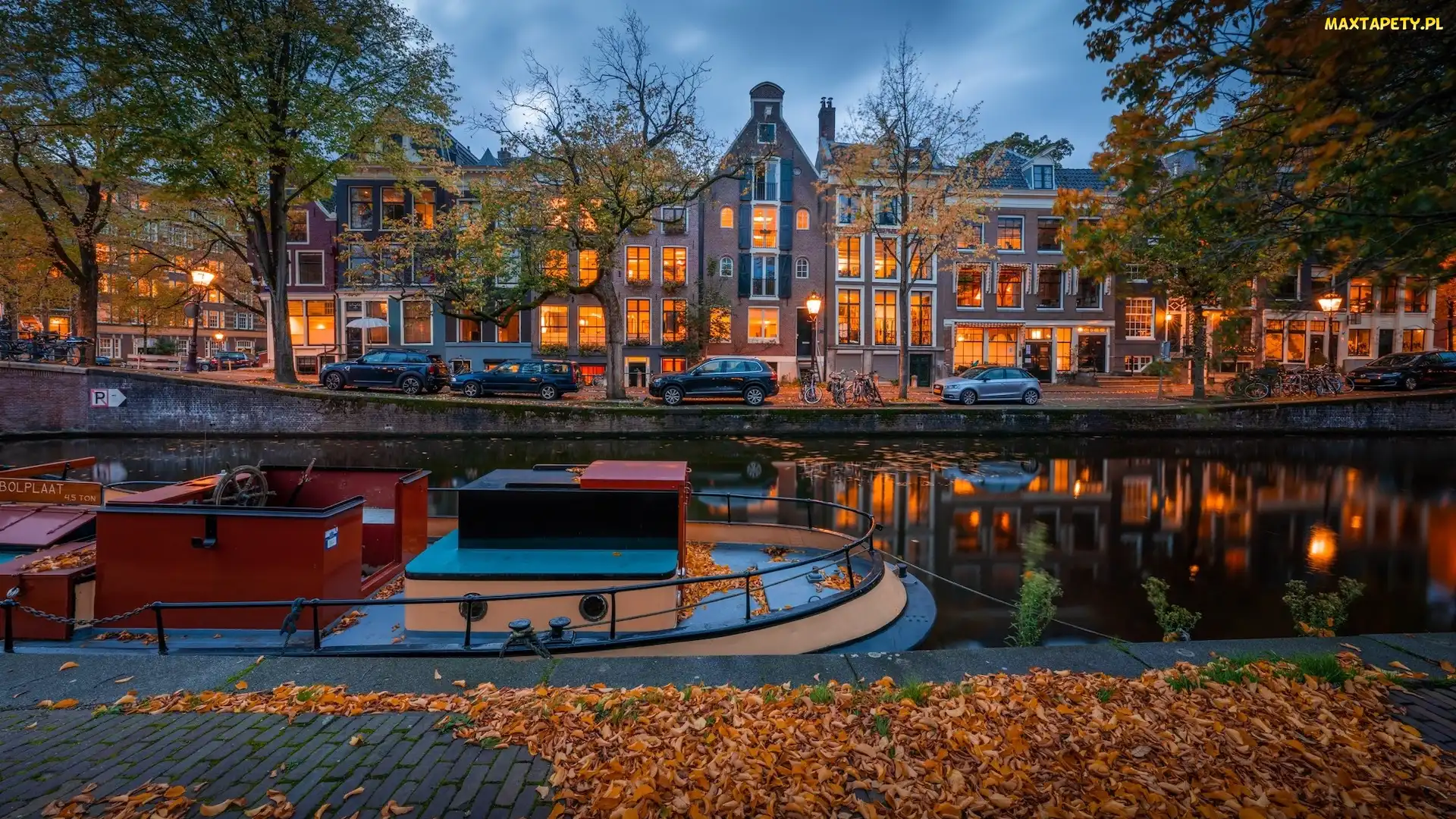 Jesień, Drzewa, Amsterdam, Holandia, Domy, Kanał
