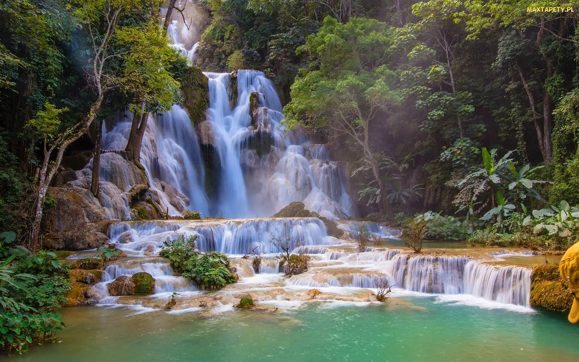 Laos, Drzewa, Kuang Si Falls, Wodospad, Skały, Rzeka