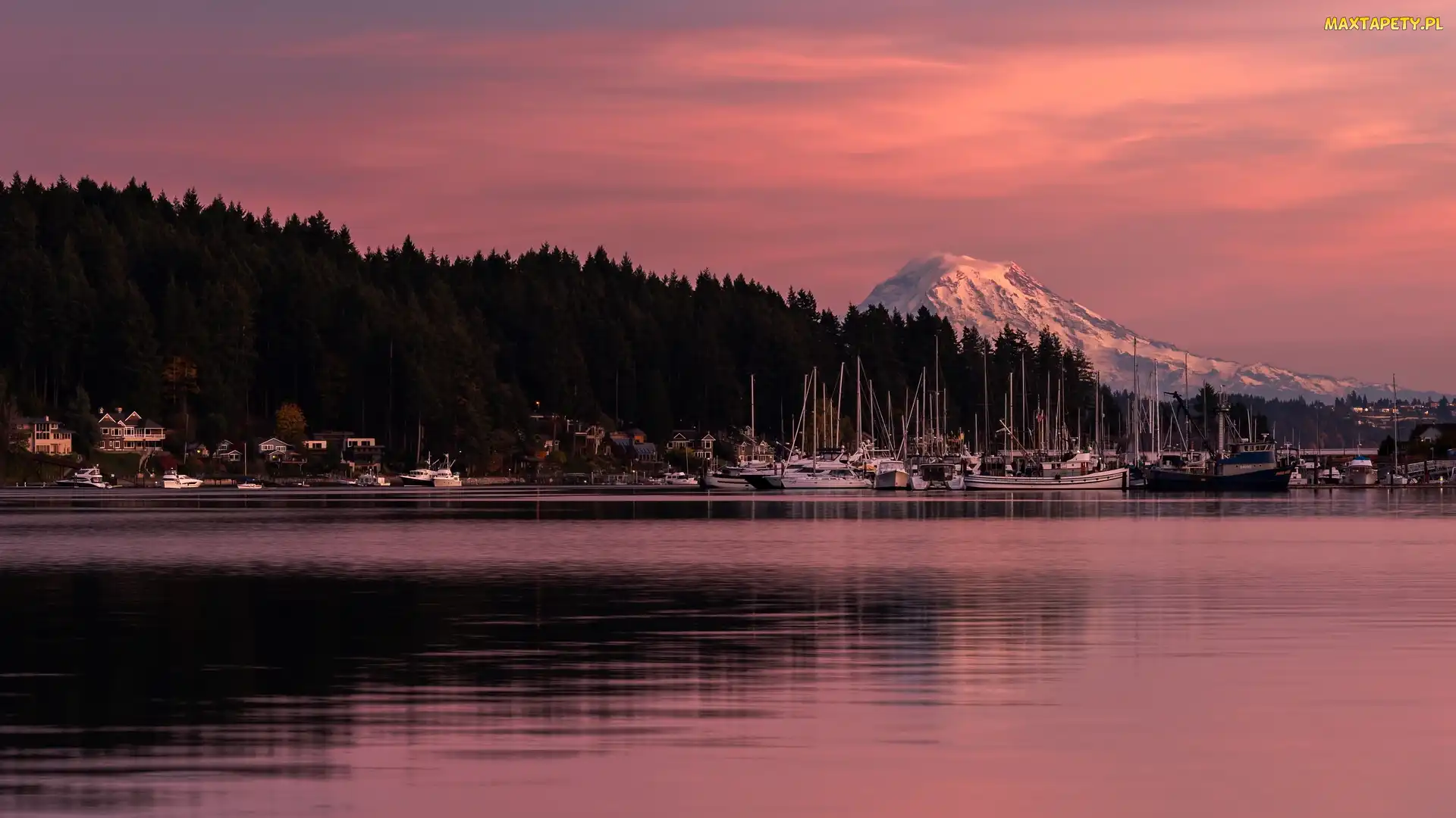 Mount Rainier, Drzewa, Port, Zatoka Gig Harbor, Zachód słońca, Stany Zjednoczone, Przystań, Stan Waszyngton, Góra, Żaglówki, Jezioro