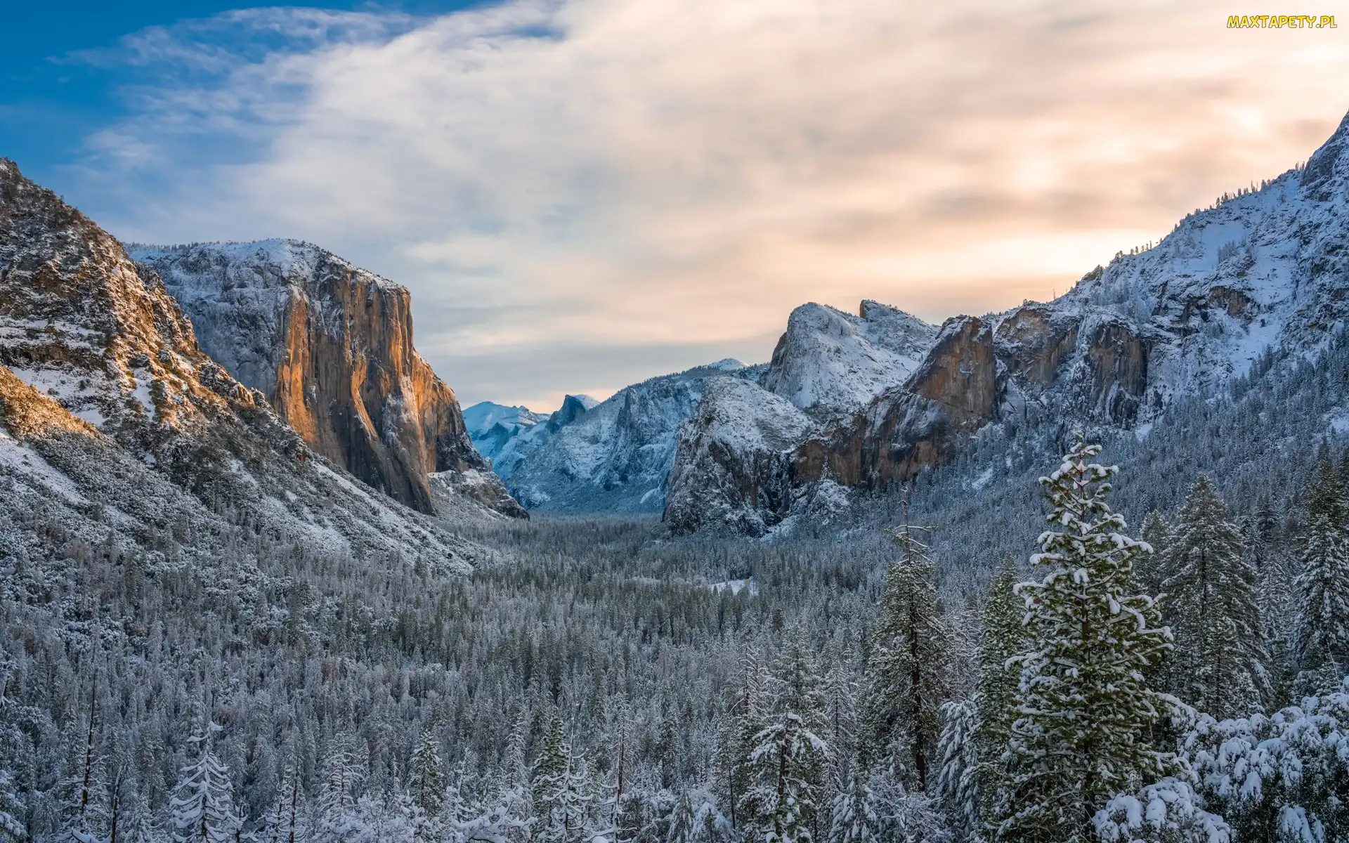 Stany Zjednoczone, Lasy, Drzewa, Stan Kalifornia, Park Narodowy Yosemite, Yosemite Valley, Zima, Ośnieżone, Dolina, Góry