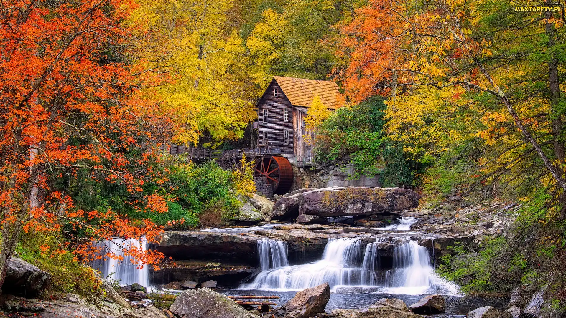 Jesień, Wirginia Zachodnia, Glade Creek Grist Mill, Stany Zjednoczone, Park Babcock State, Młyn wodny, Drzewa, Rzeka, Skały