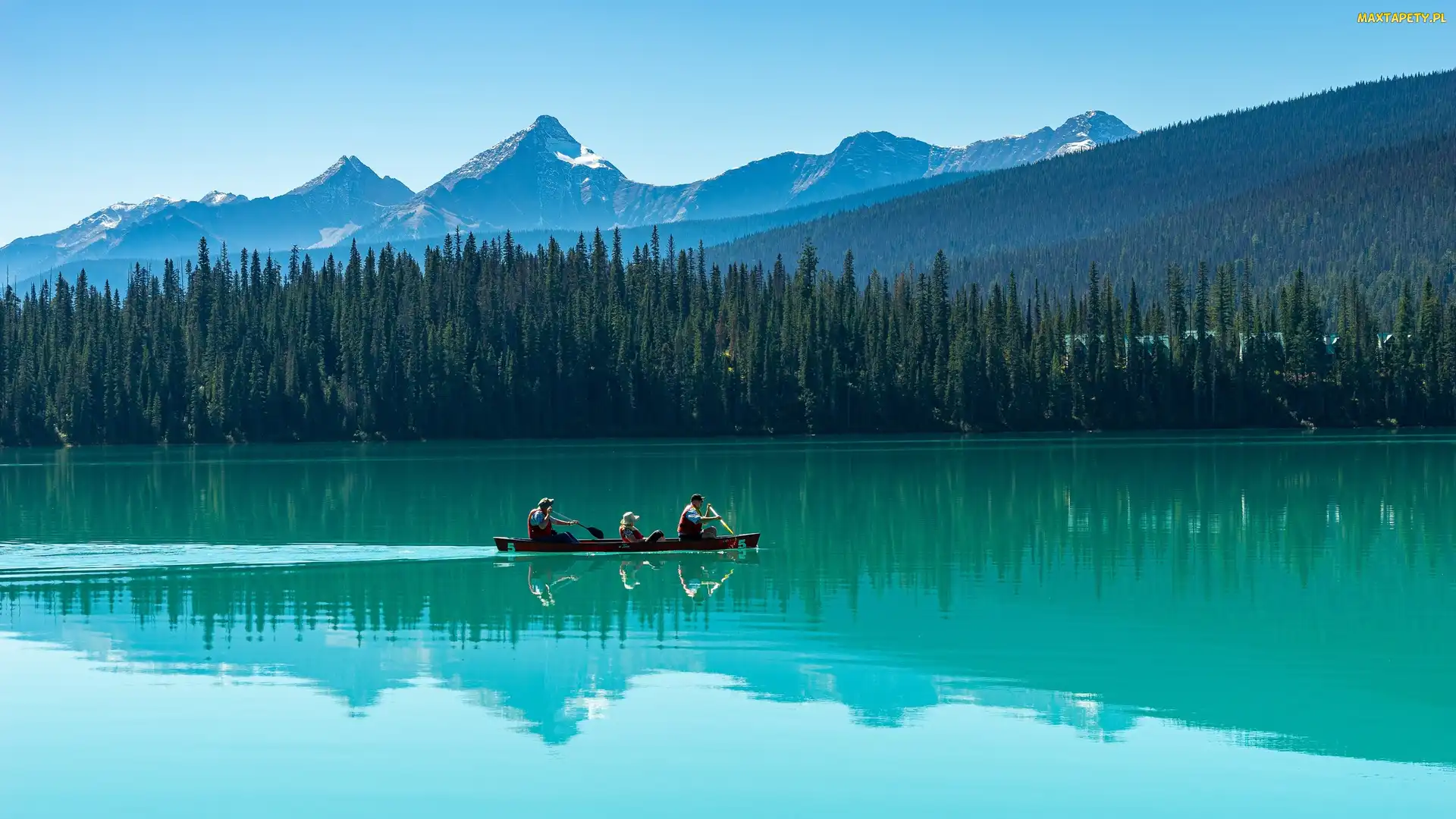 Kanada, Drzewa, Kajak, Góry, Las, Park Narodowy Yoho, Kolumbia Brytyjska, Jezioro, Emerald Lake