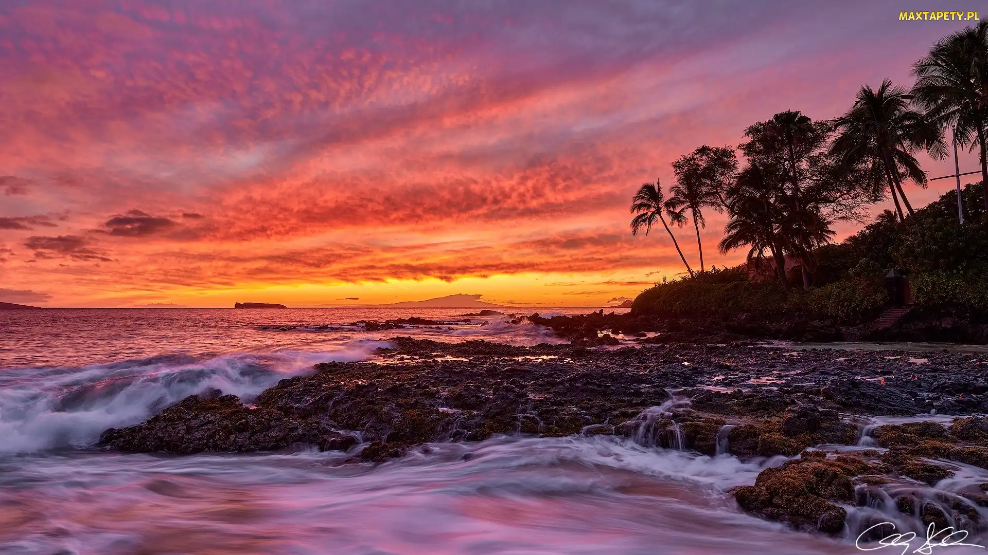 Palmy, Skały, Wyspa Maui, Zachód słońca, Fale, Hawaje, Morze