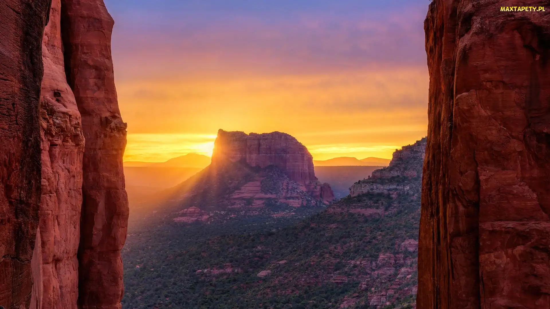 Arizona, Sedona, Czerwone, Stany Zjednoczone, Cathedral Rocks, Zachód słońca, Skały