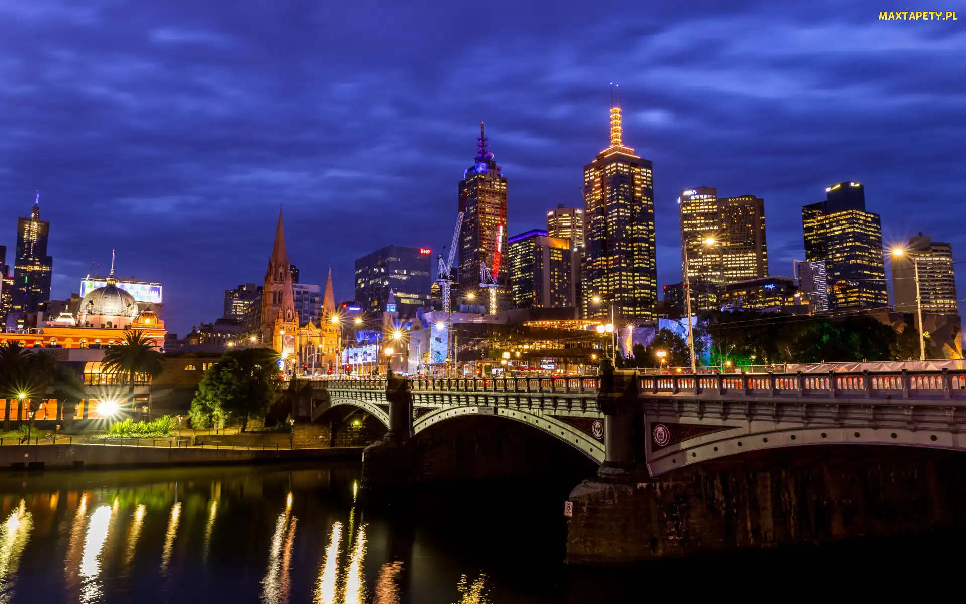 Domy, Princes Bridge, Most, Australia, Wieczór, Wieżowce, Melbourne, Rzeka Yarra