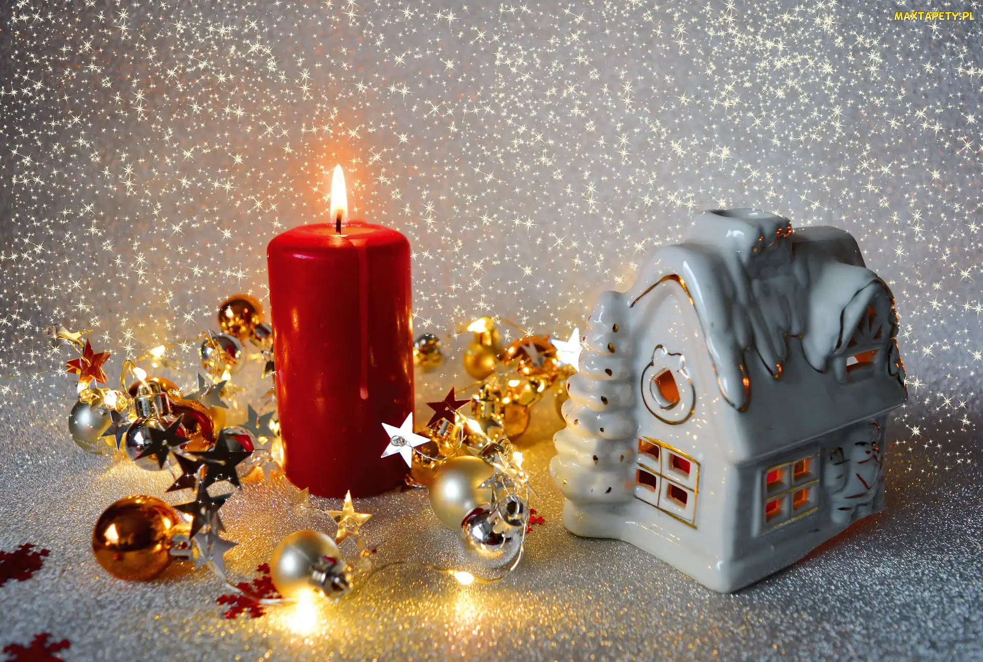 Domek, Bombki, Świeca, Lampion, Boże Narodzenie