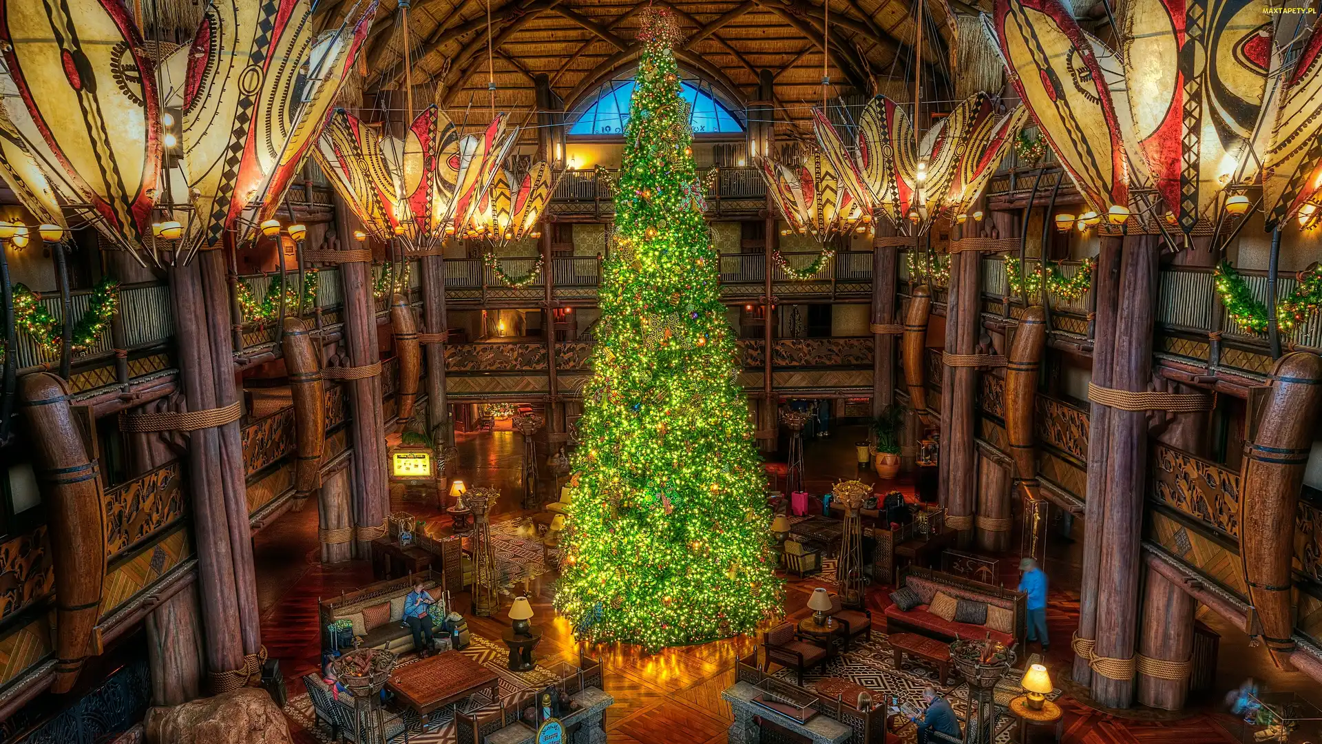 Jambo House, Choinka, Boże Narodzenie, Stany Zjednoczone, Disneys Animal Kingdom Villas, Hotel, Orlando, Wnętrze