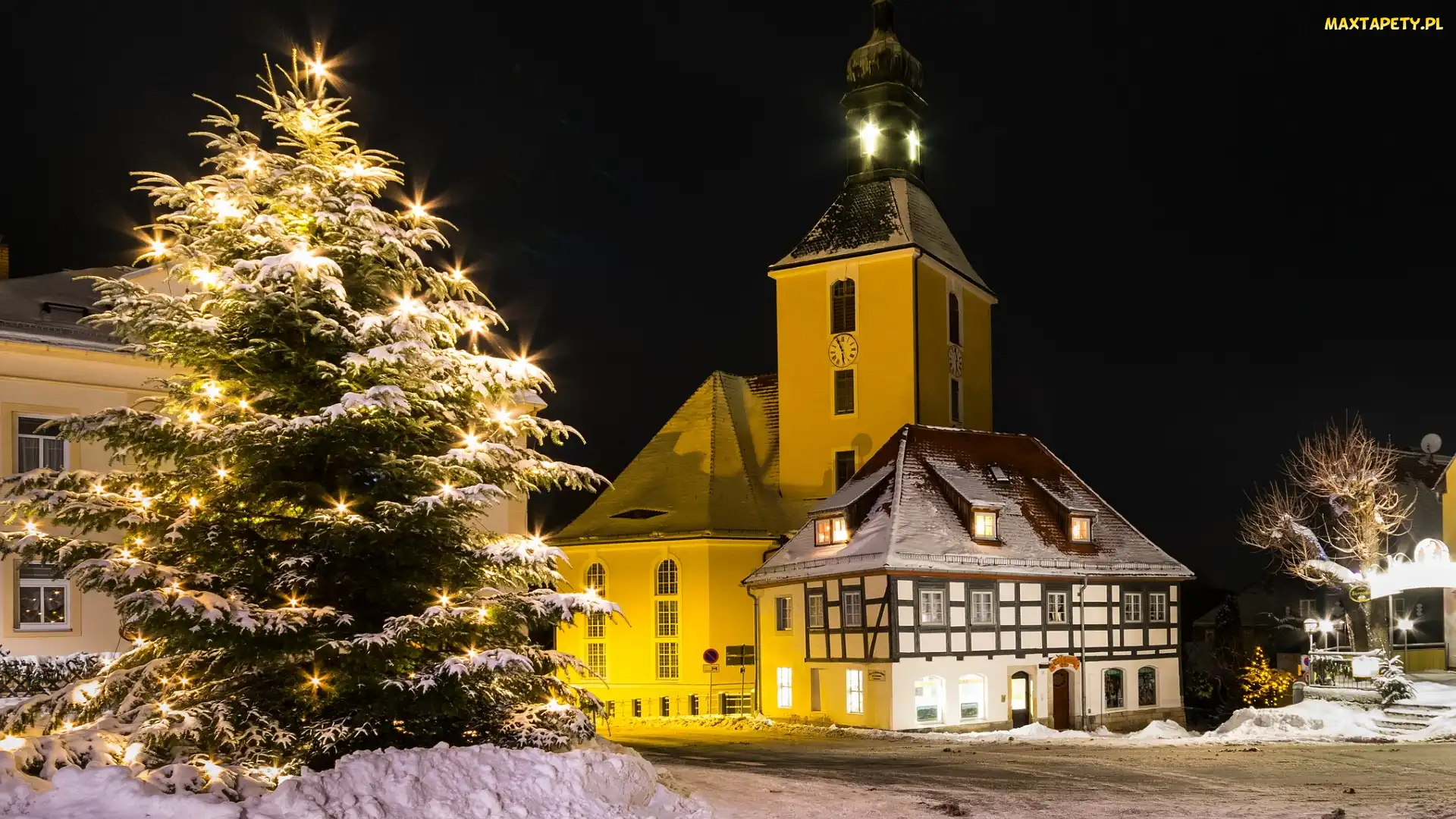 Niemcy, Hohnstein, Ośnieżona, Boże Narodzenie, Choinka, Kościół