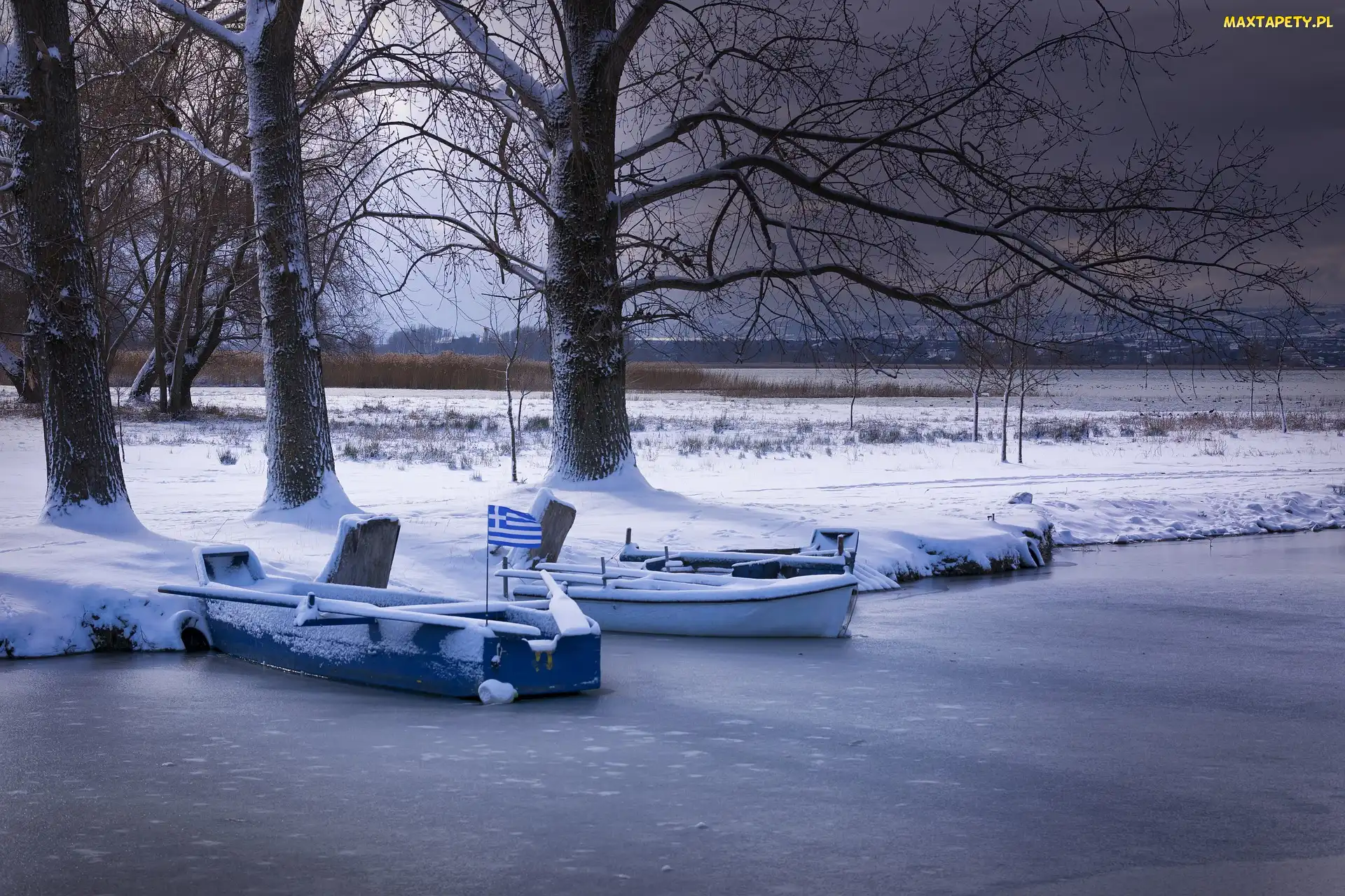 Jezioro, Śnieg, Drzewa, Łódki, Zima
