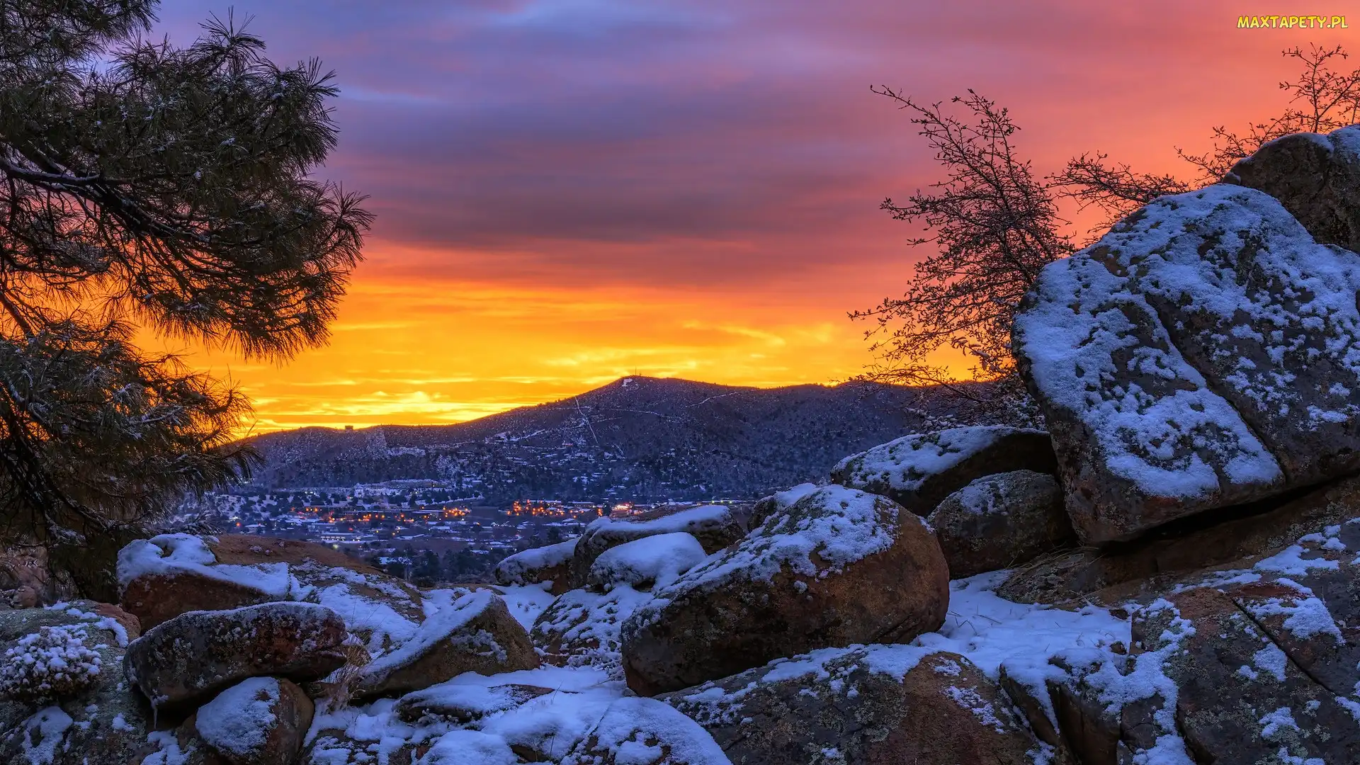 Wschód słońca, Kamienie, Zima, Skały, Ośnieżone, Góry, Prescott, Arizona, Stany Zjednoczone