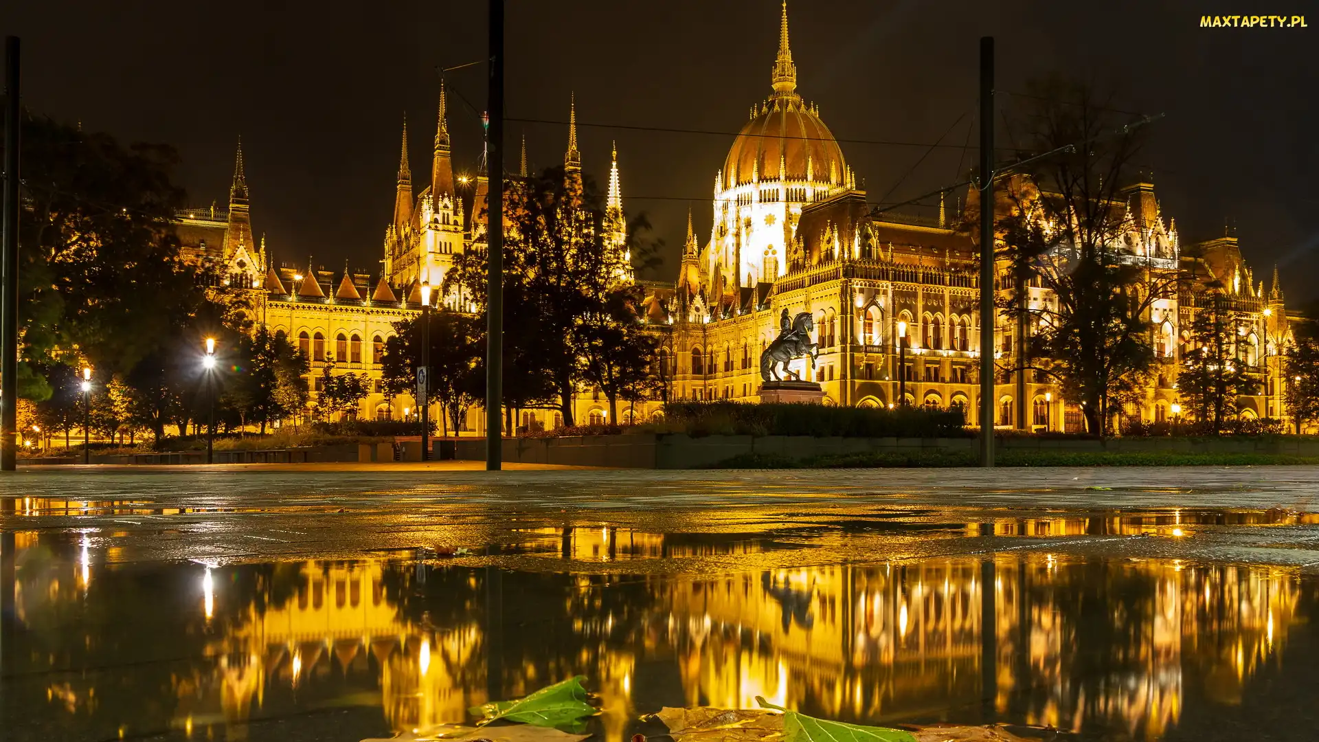 Węgry, Budapeszt, Parlament, Oświetlony, Pomnik konny Franciszka II Rakoczego, Noc